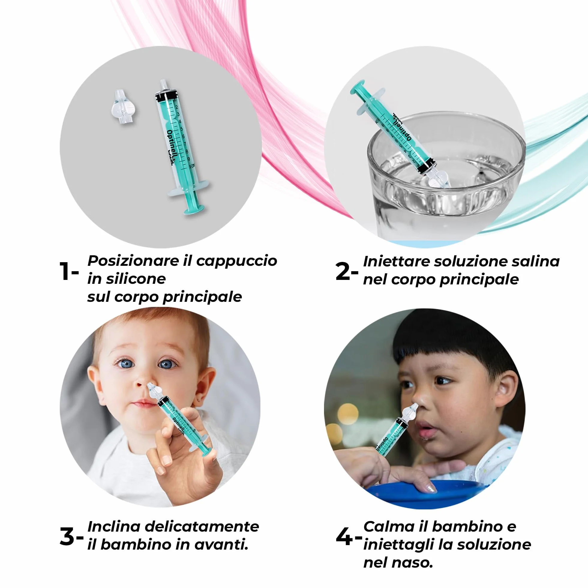Optinell Wash – Siringa per Lavaggi Nasali Bambini 10ml con Beccuccio in Silicone Morbido | Kit Lavaggio Nasale per Neonato e Bambino | Senza BPA, Riutilizzabile, Igienico (2 Pezzi)