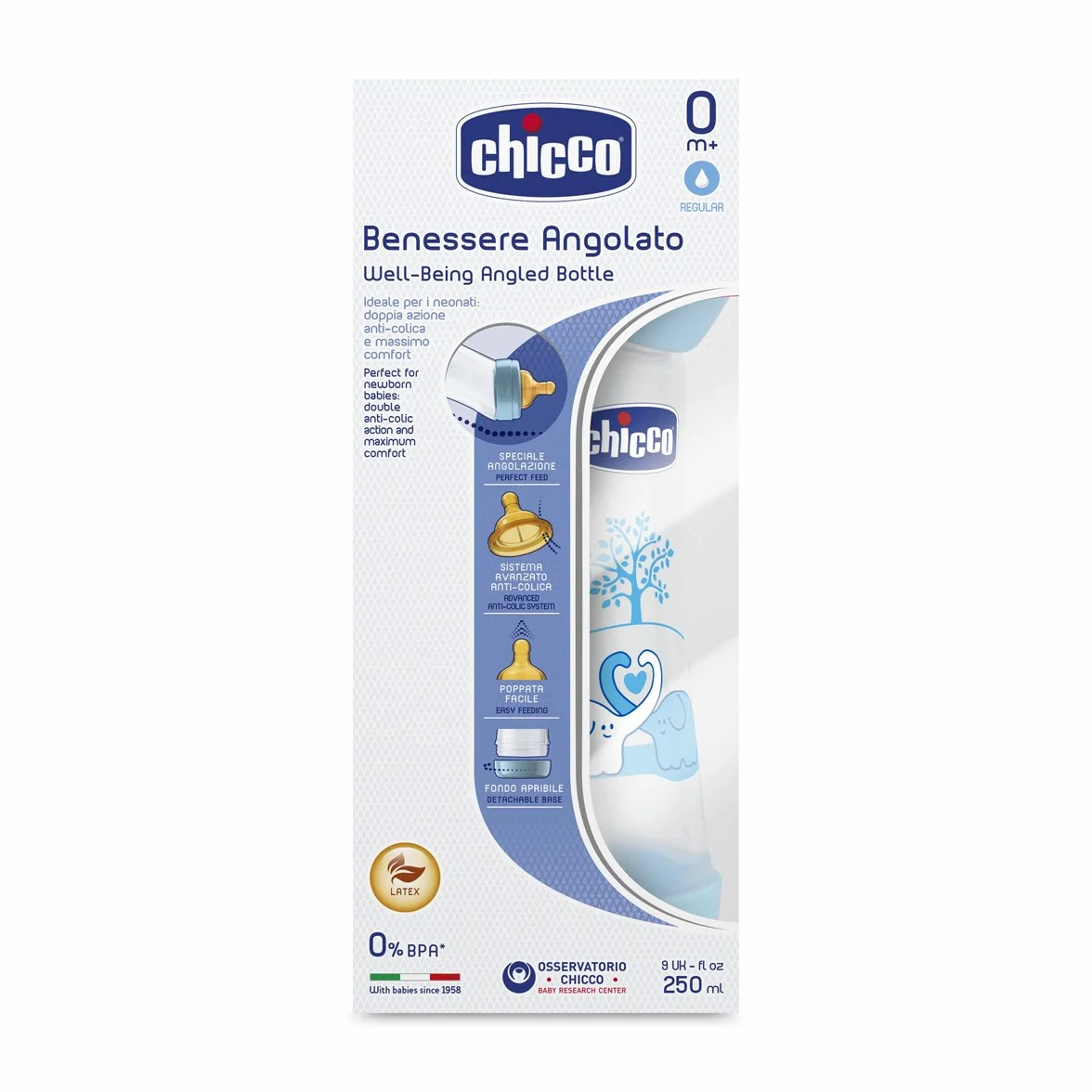 Chicco 00020620200000 Benessere Angolato Bambino Biberon, Caucciù, Flusso Regolare, 250 ml, Blu