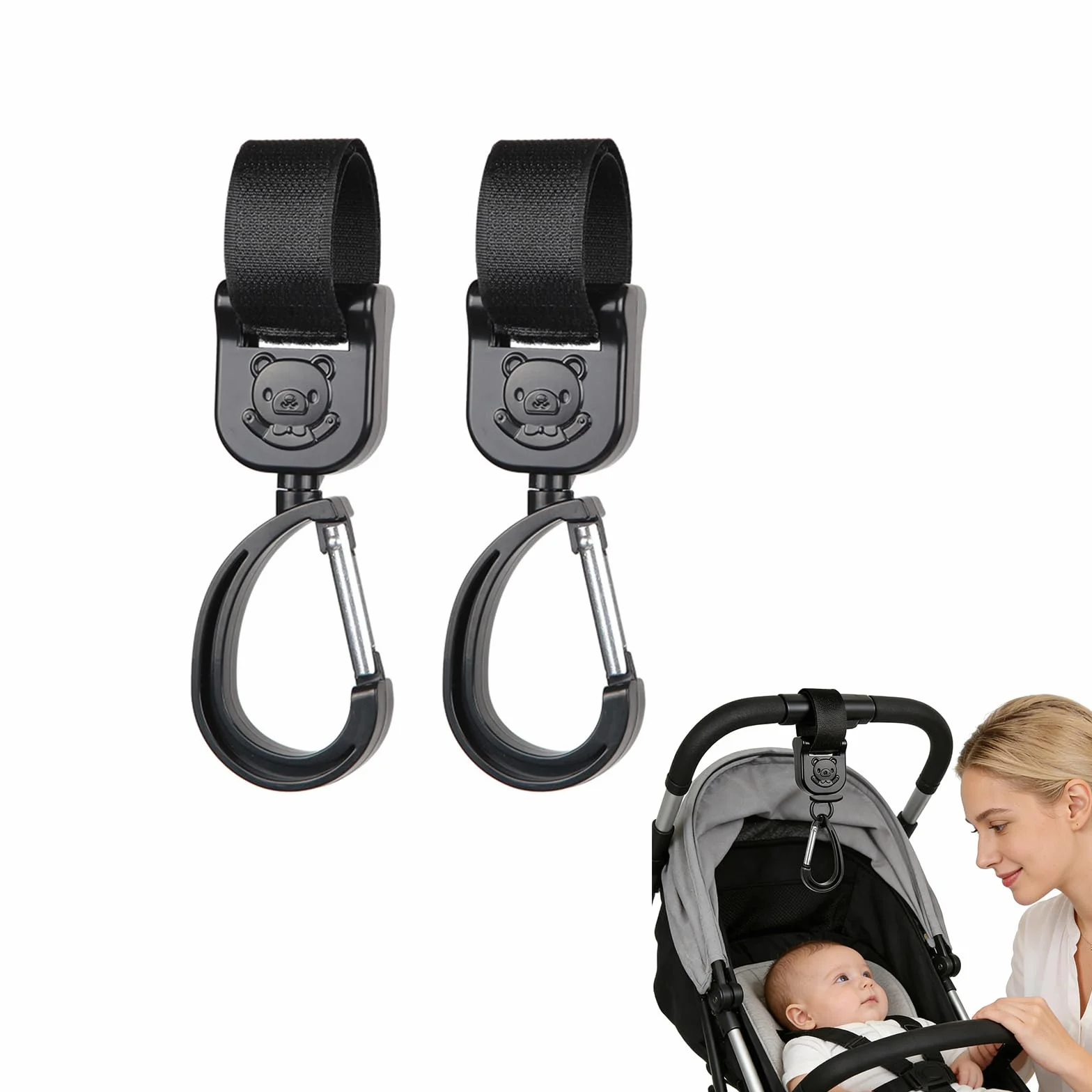 Set 2 Ganci Universali Per Passeggino In Nero Con Motivo Orsetto, Ganci Per Borsa Passeggino, Pratici Per Appendere Borse E Organizer, Accessorio Carino E Funzionale.