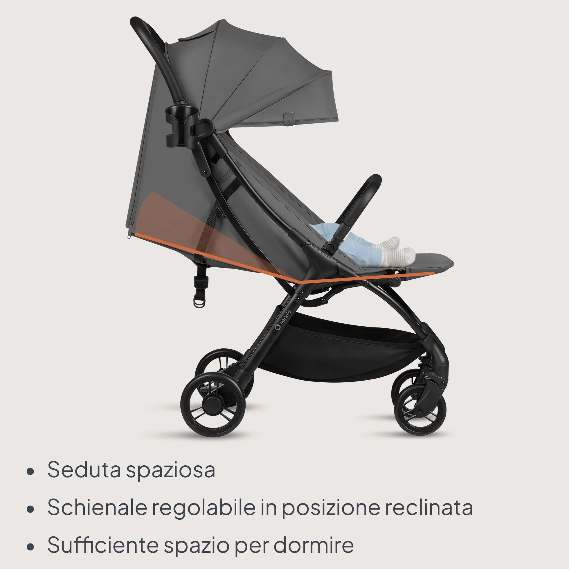 Lionelo AGIA Passeggino Leggero e Compatto fino a 22 kg / 4 anni Pieghevole con una Mano, Posizione Distesa, Seduta Ampia, Pannello di ventilazione, Ammortizzazione, Grande Cestello Regolazione Facile