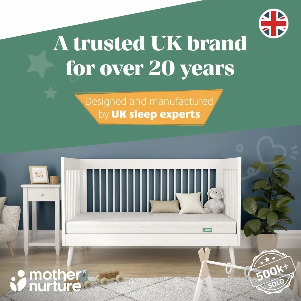 Mother Nurture Materasso classico per lettino in fibra ecologica, reversibile, resistente all'acqua, solido e di supporto, ipoallergenico, facile da pulire, bianco, testato BSI, dimensioni 120 x 60 x