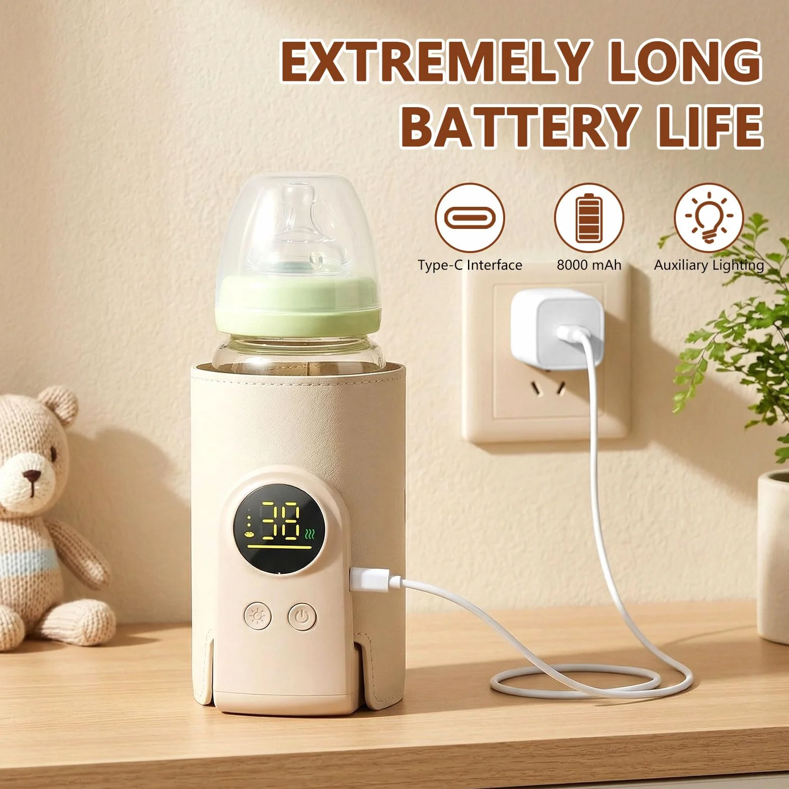 Scaldabiberon Portatile Senza Fili, Scaldabiberon USB con Display LCD Scaldabiberon Regolabile a 6 Velocità, 8000mAh Scalda Biberon Neonato Portatile, Scaldabiberon Baby USB per Viaggi, Aereo e Auto