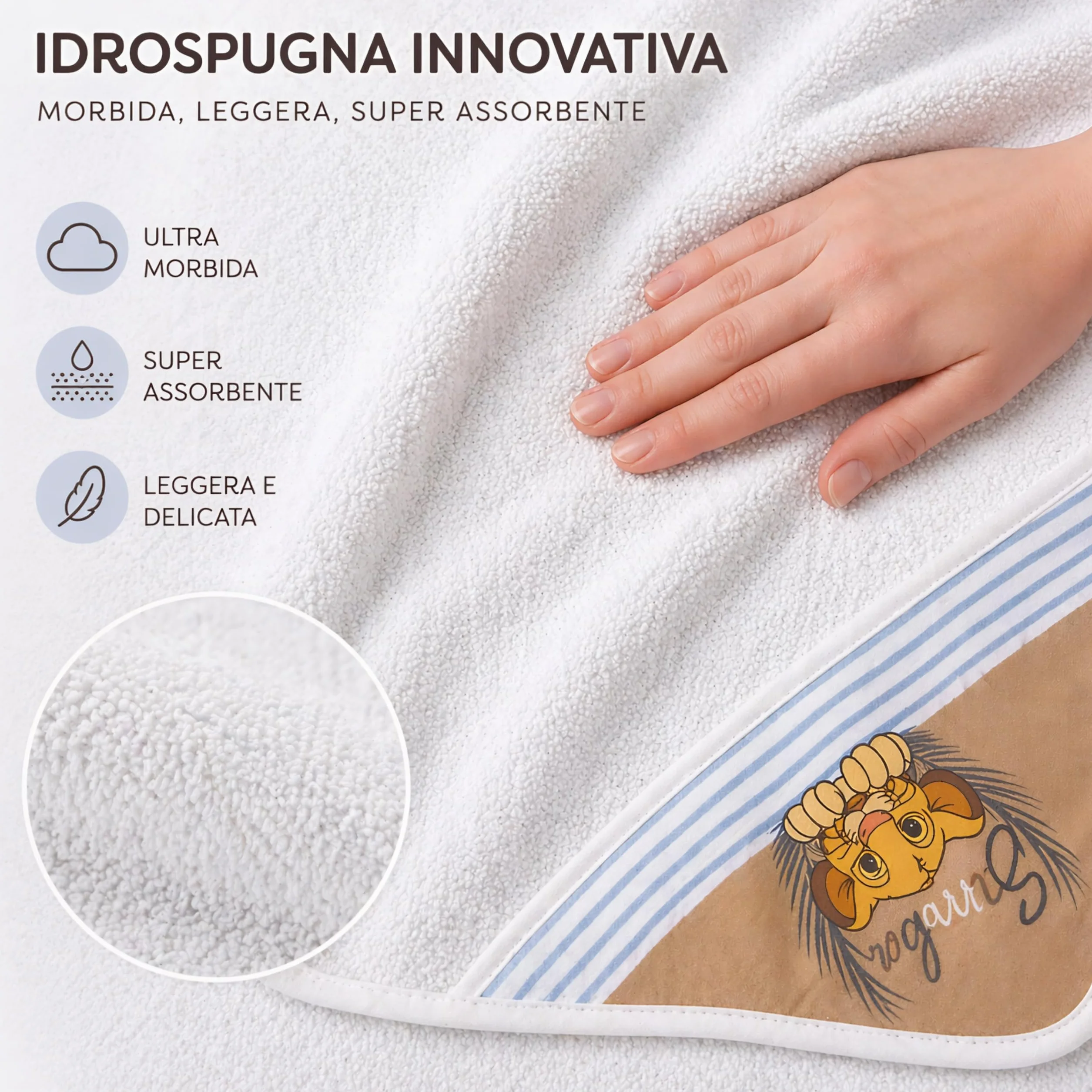 Ellepi Accappatoio Neonato Disney Baby Triangolo 75x75 cm – Idrospugna Innovativa Ultra Assorbente e Morbidissima – Telo Bagno Neonato con Cappuccio Simba e Milù (Simba)