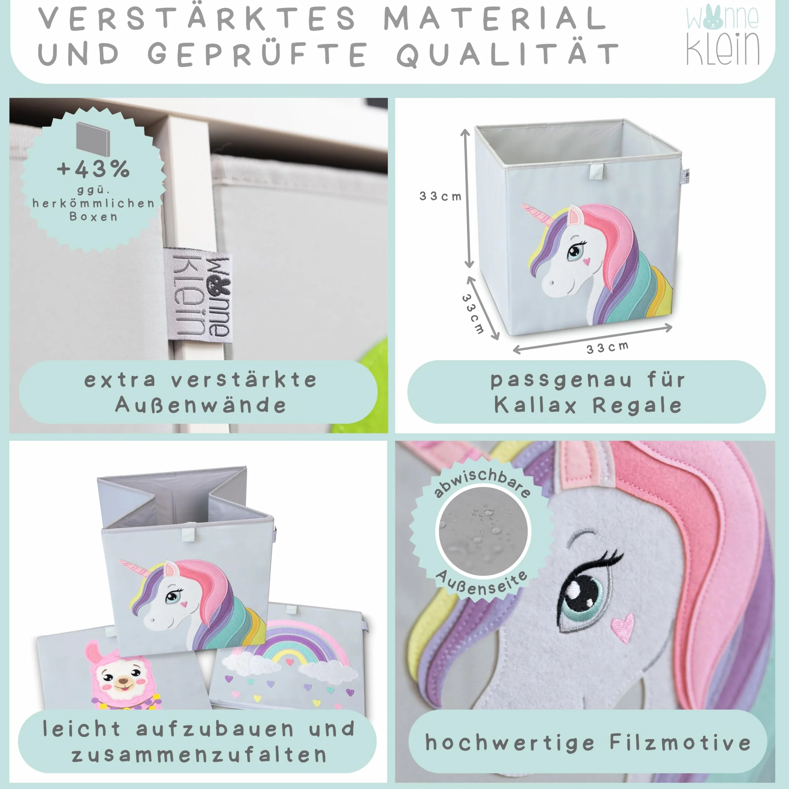Scatola portaoggetti per bambini – 33 x 33 x 33 cm – Scatola pieghevole con motivo animali – Scatola per riporre gli scaffali Kallax – Set da 3 pezzi di alpaca, unicorno, arcobaleno