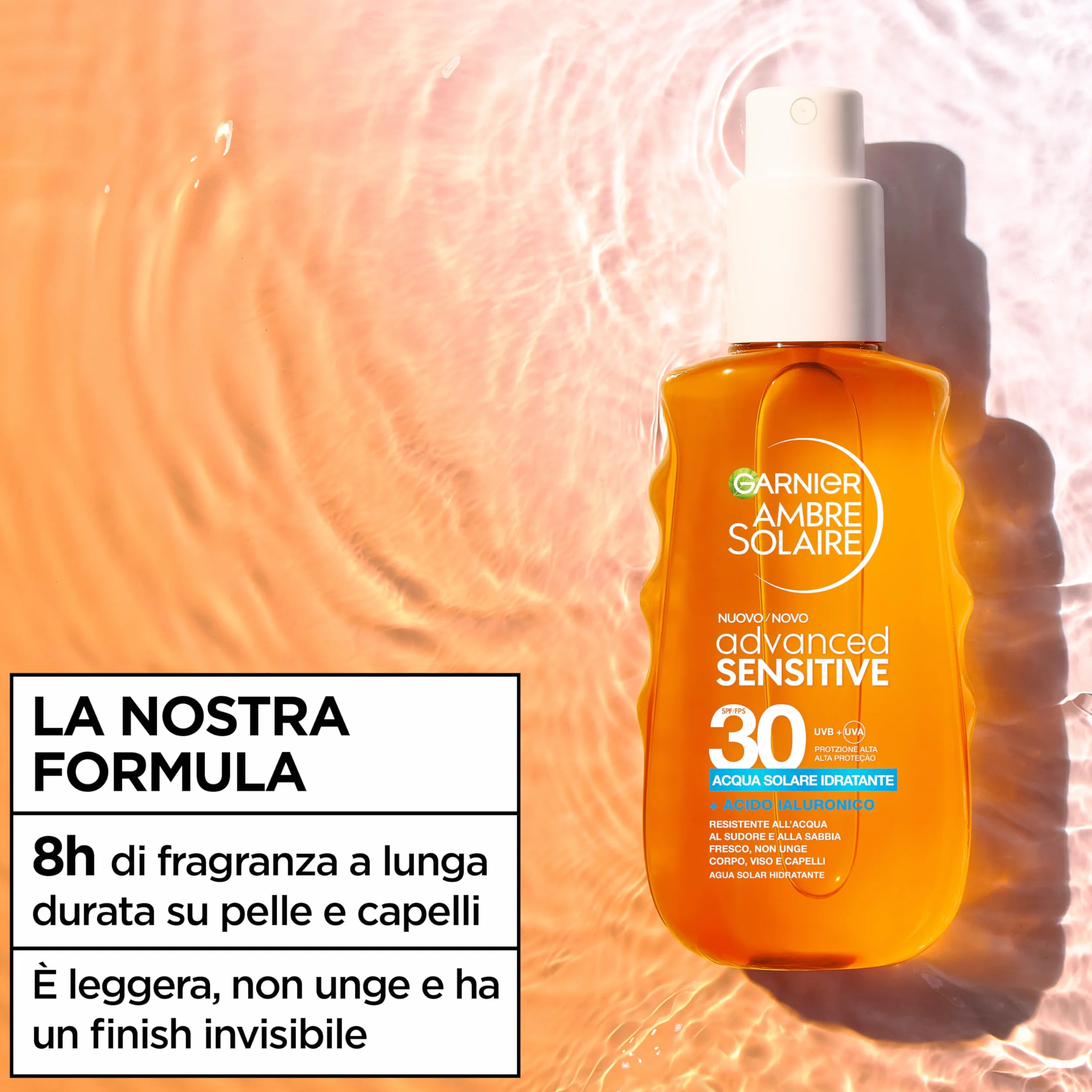 Garnier Acqua Solare Idratante SPF 30, Per Tutti i Tipi di Pelle, Idratazione e Protezione dagli UV, Resistente ad Acqua, Sudore e Sabbia, Finish Invisibile, Ambre Solaire Advanced Sensitive, 150 ml
