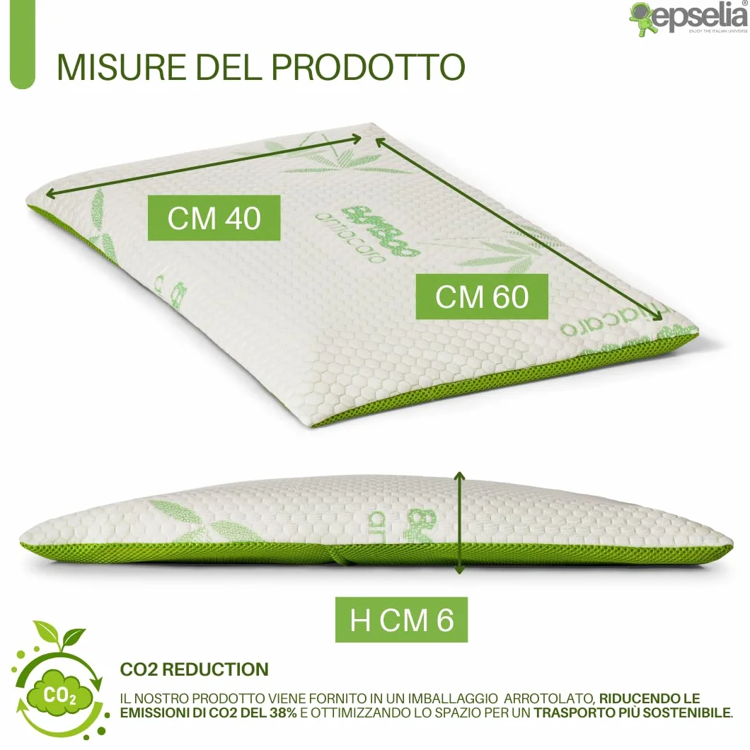 EPSELIA Cuscino Lettino per Bambini Memory Foam in BAMBU' BIO cm 60x40 H6 Antisoffoco Ergonomico, Anallergico e Traspirante tessuto Air 3D, Cuscino Asilo o Viaggio Sfoderabile, CertiPUR™ OEKO-TEX®