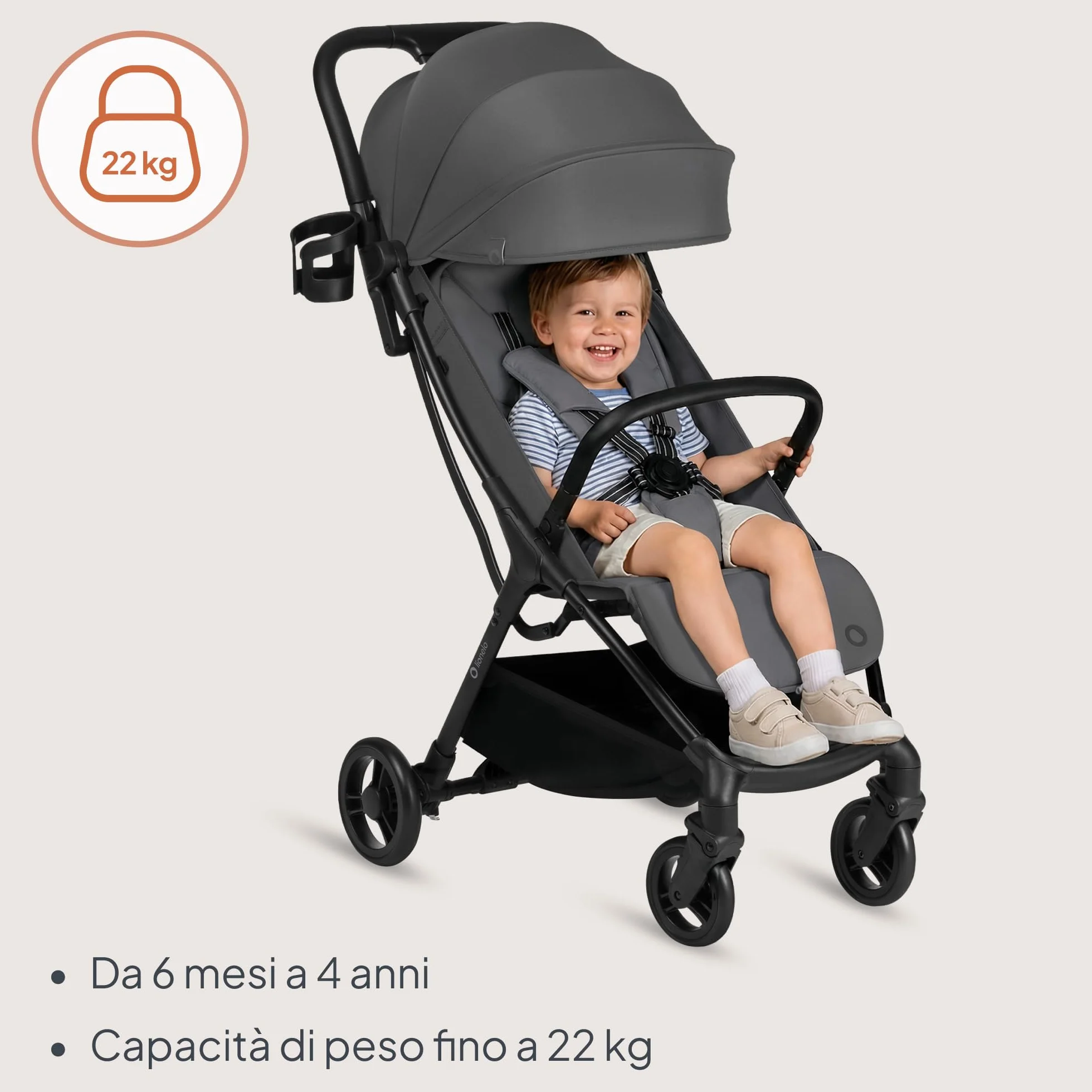 Lionelo AGIA Passeggino Leggero e Compatto fino a 22 kg / 4 anni Pieghevole con una Mano, Posizione Distesa, Seduta Ampia, Pannello di ventilazione, Ammortizzazione, Grande Cestello Regolazione Facile