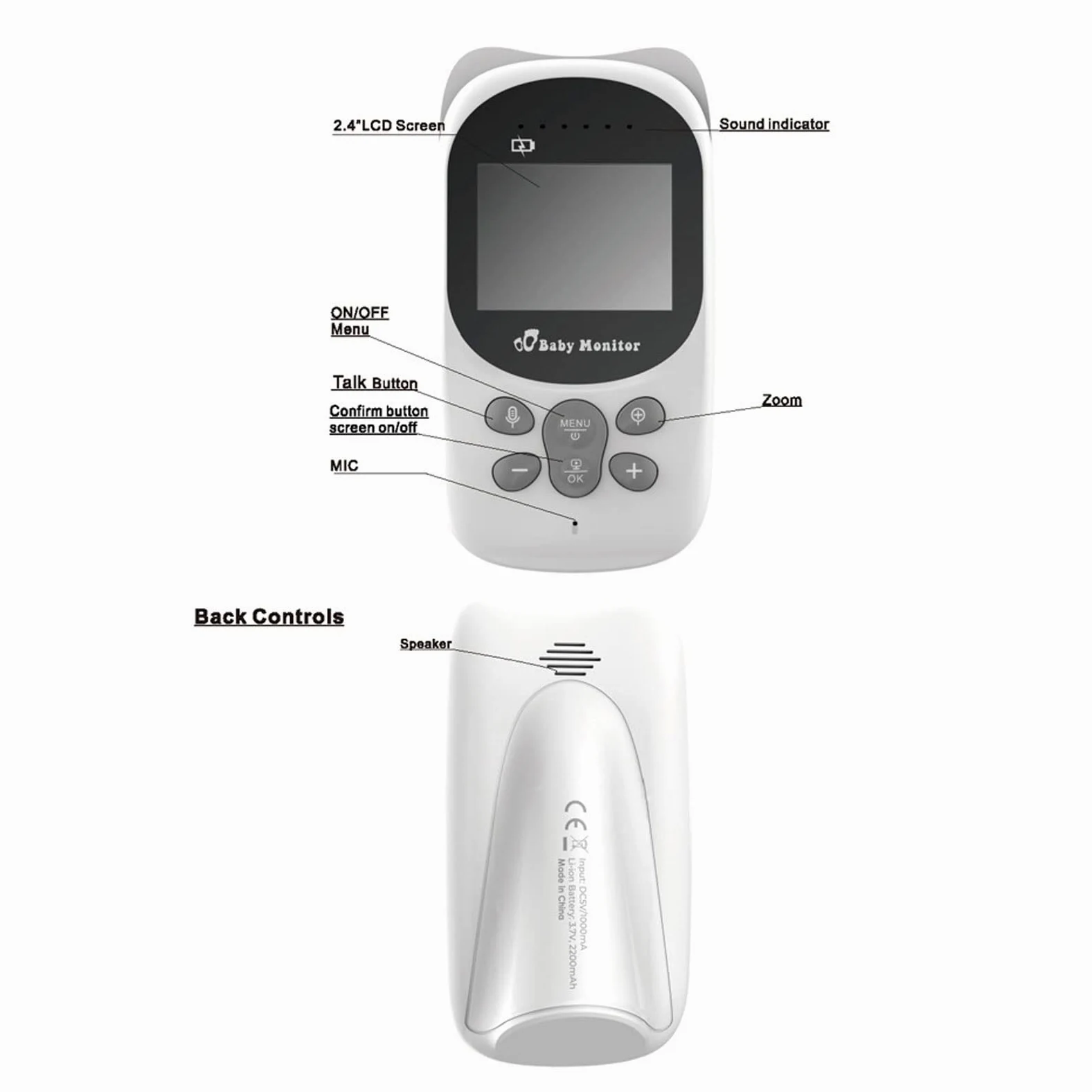 Baby Monitor, Schermo LCD HD da 2,4 Pollici Induzione a Infrarossi Citofono Bidirezionale Baby Camera Monltor, Funzione Musicale Visualizzazione Della Temperatura Ottica Infantile Baby Monitor(UE)