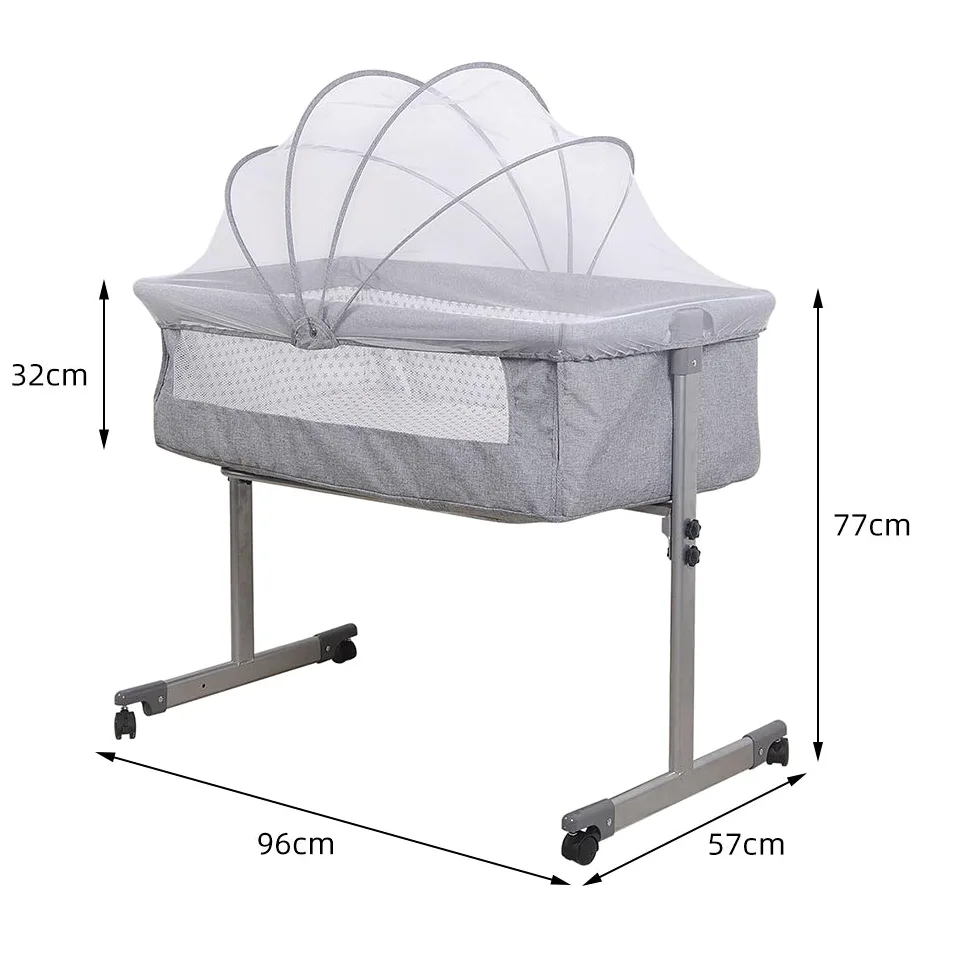 OHMG 2 in 1 Culla Co-sleeping con materasso e zanzariera,Cododo Relevable Camera Bambino Completa con Materasso e Zanzariera per Neonati da 1-36 Mesi,Culla Fianco Letto (96x57x77cm (grigio))