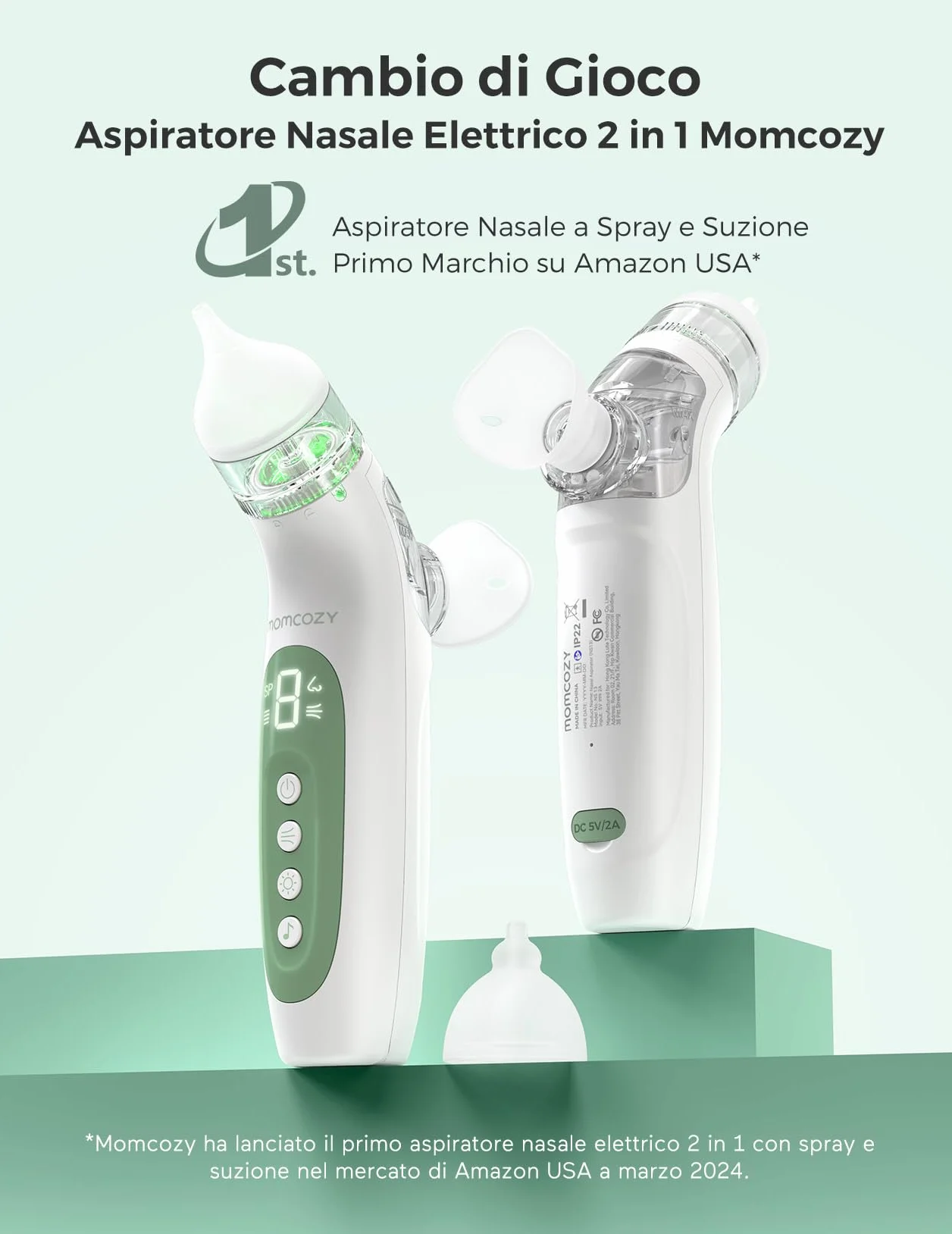 Momcozy BreezyClea Aspiratore Nasale Neonato Elettrico 2 in 1 con Spray, Aspirazione 65 kPa di Grado Ospedaliero, 4 Livelli Regolabili, Silenzioso e Portatile, Luce e Musica Calmanti