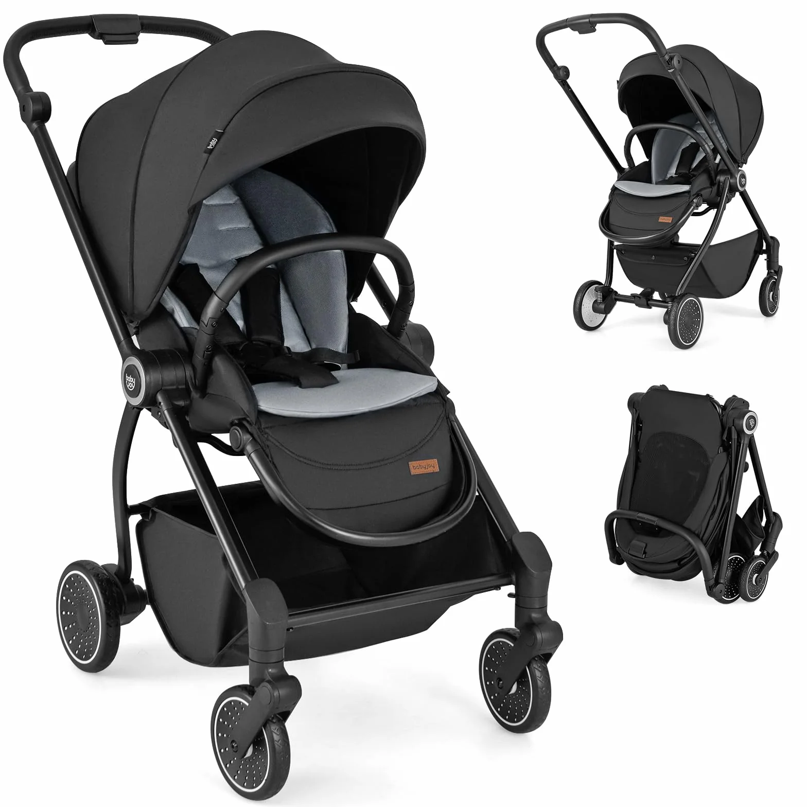 RELAX4LIFE Passeggino Leggero e Reversibile per Bambini 0-3 Anni, con Seduta Fronte Mamma e Strada, Schienale Regolabile, Ruote Ammortizzate, Cestello 36L, Portata 30kg, Omologato CE (NERO)