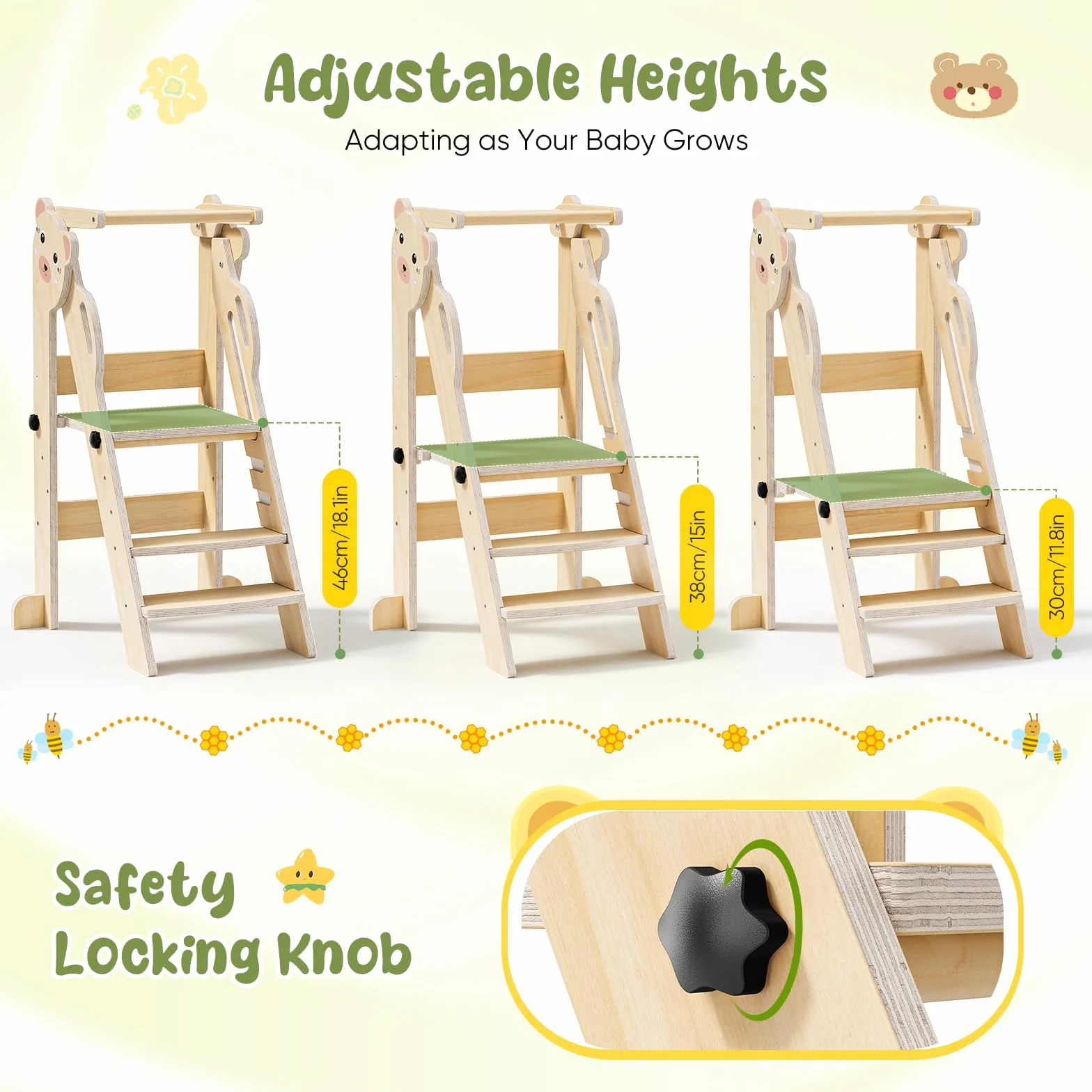 Torre di Apprendimento Pieghevole, 3 Altezze Regolabili, Fold Legno Torre Montessoriana da 1 a 6 Anni per Bambini, Montessori Learning Legno Naturale Kitchen Helper
