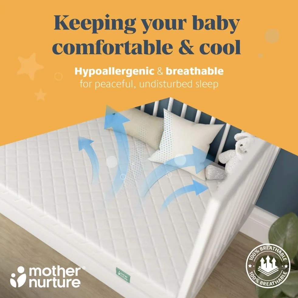 Mother Nurture Materasso classico per lettino in fibra ecologica, reversibile, resistente all'acqua, solido e di supporto, ipoallergenico, facile da pulire, bianco, testato BSI, dimensioni 120 x 60 x