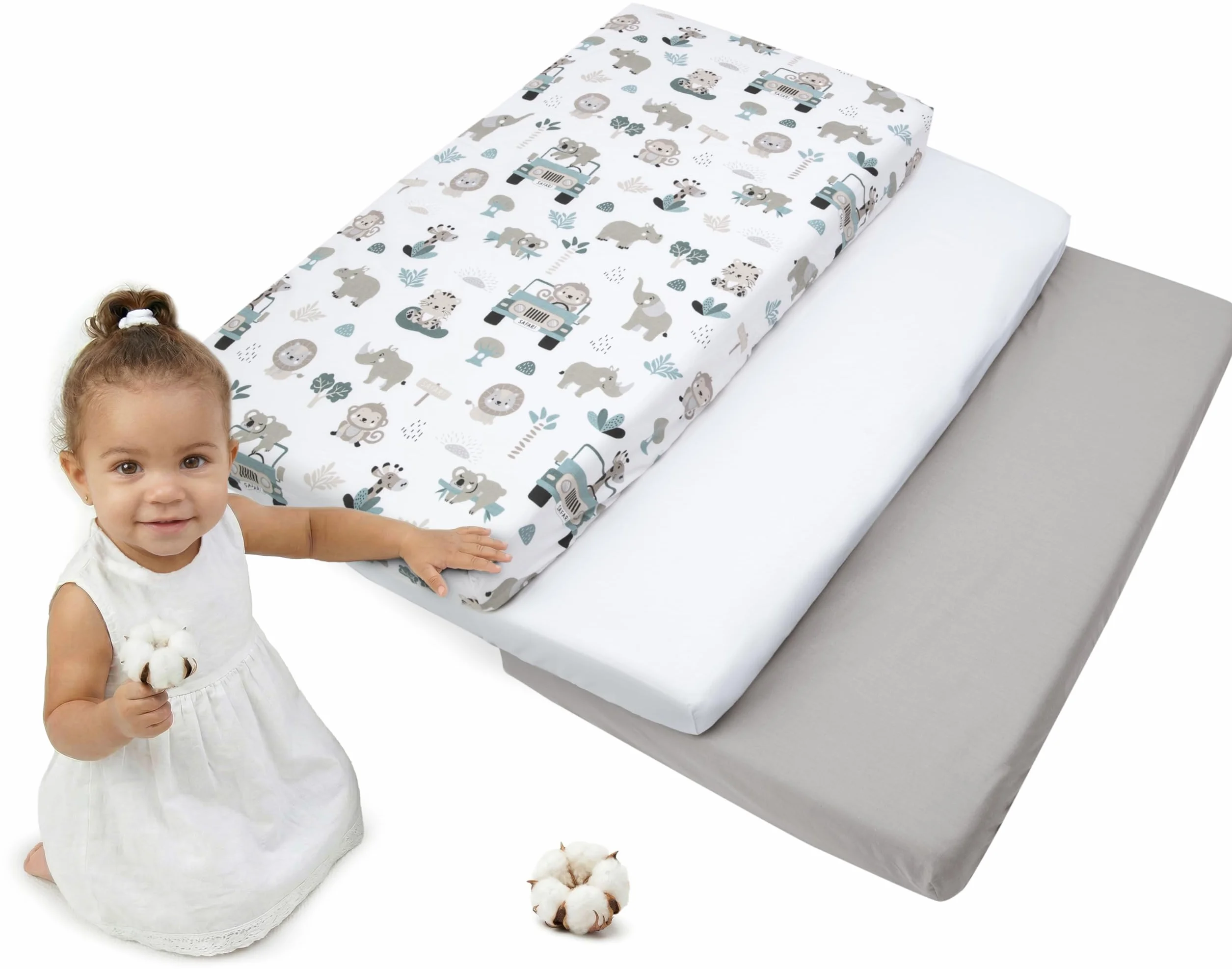 Medi Partners Lenzuola Lettino Set 3 Neonato 60x120 100% Cotone Lenzuolo con Angoli Culla Coprimaterasso Fitted Sheet Bambino Zoo Di Menta-Bianco-Grigio