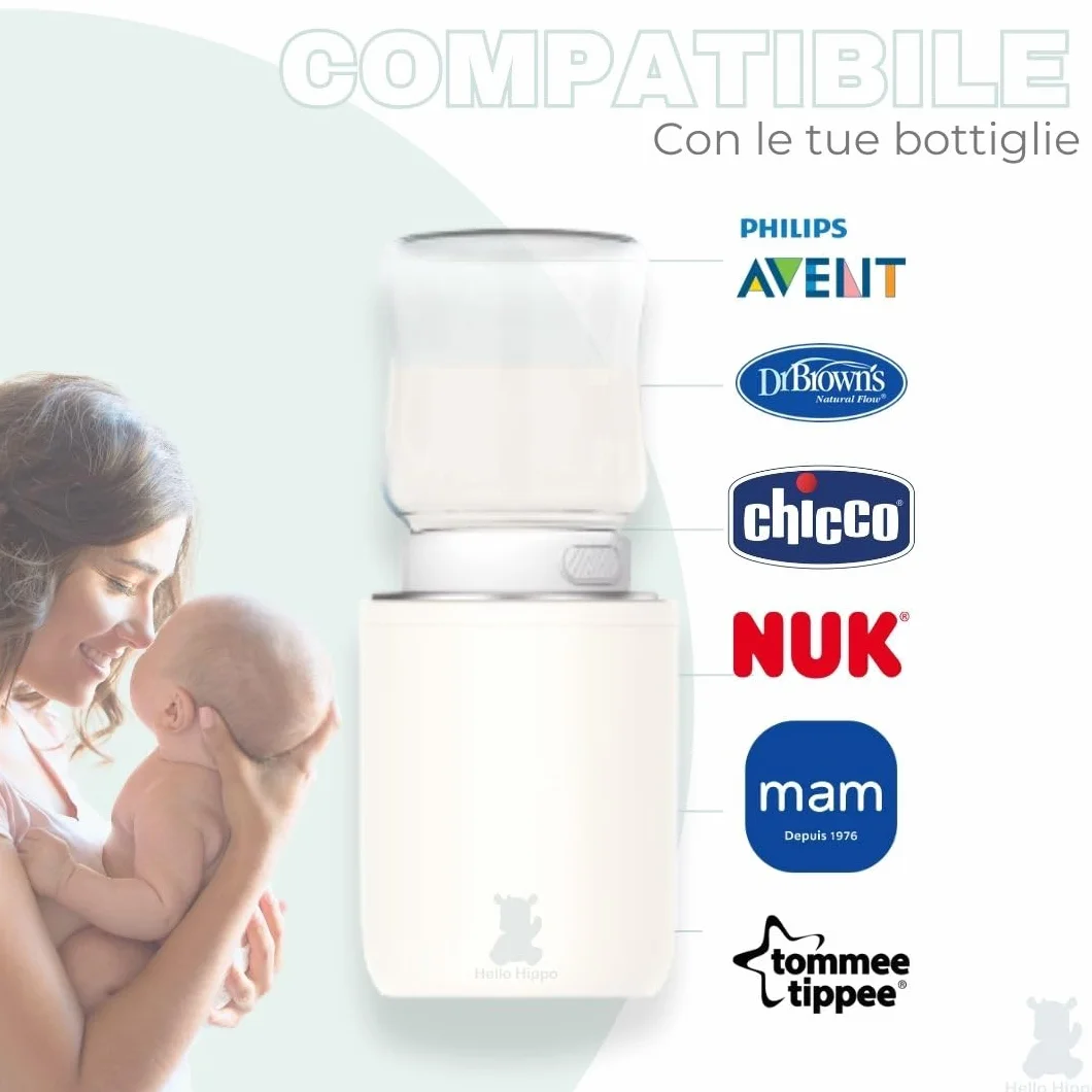 Hello Hippo - Scaldabiberon compatto e portatile: USB-C ricaricabile, anti-perdita, compatibile con Philips Avent, MAM, NUK | 4 temperature regolabili | Riscaldamento rapido ed efficiente