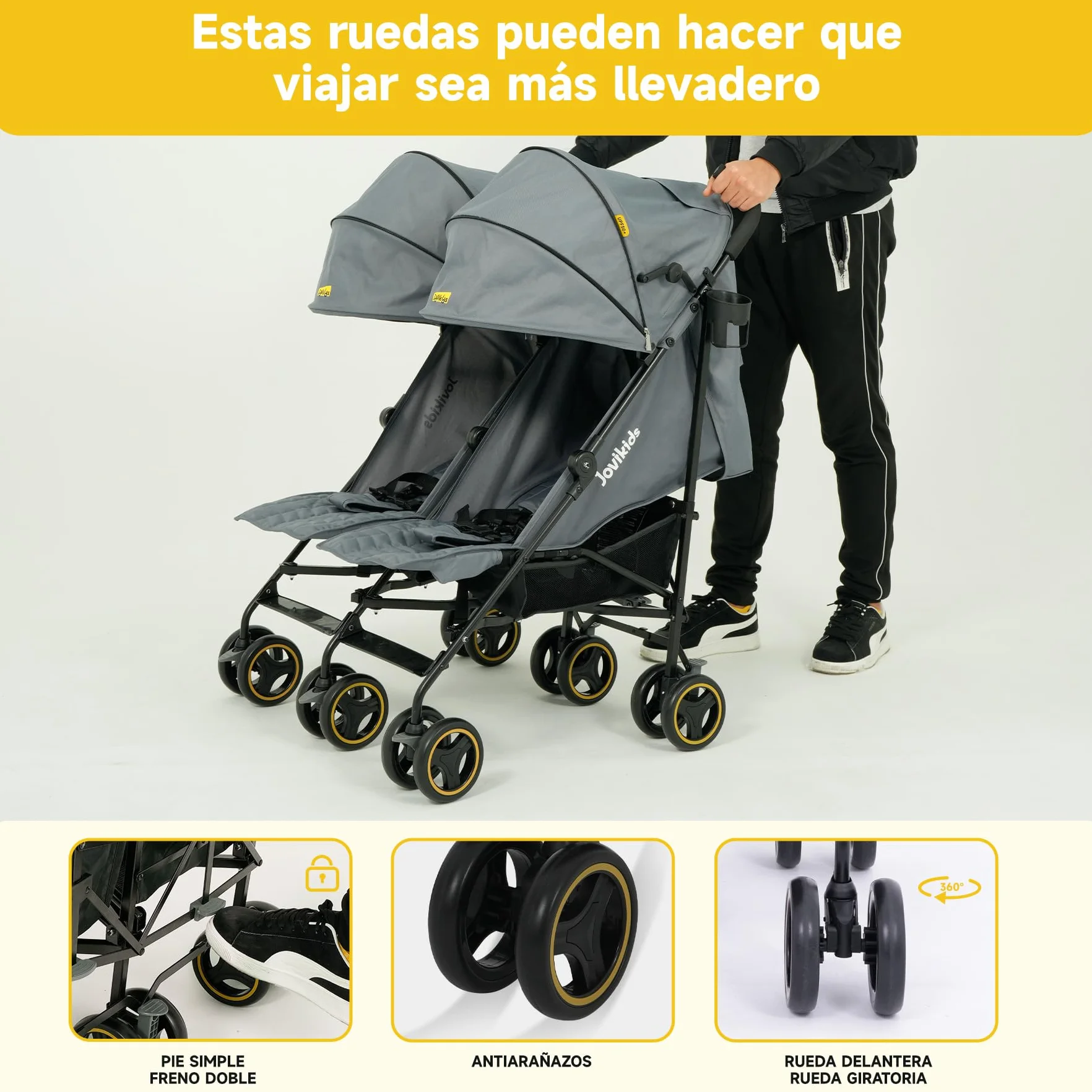 Jovikids Passeggino Gemellare Leggero per Bambini 0-36 Mesi, Doppio Passeggino per Gemelli/Fratelli fino a 15 kg, Cappottina Estesa, 5 Punti di Sicurezza, 2 Grandi Cestini (Grigio)