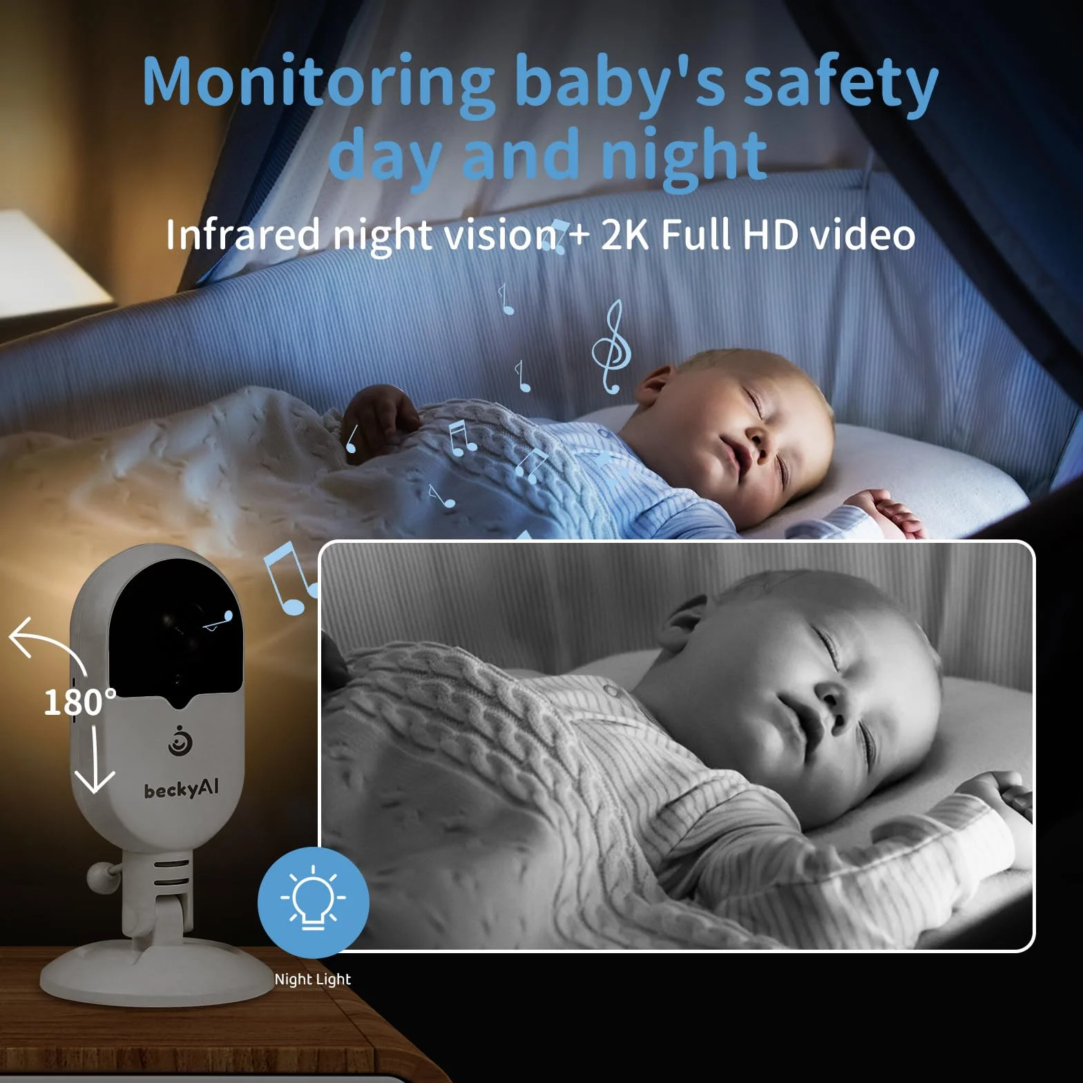Becky Ai Intelligente Baby Monitor, Monitoraggio Respiratorio, Analisi del Sonno, Allarme di Sicurezza per Soffocamento, Visione notturna 2K HD, Condivisione di Dati Criptati, Android/IOS Compatibili