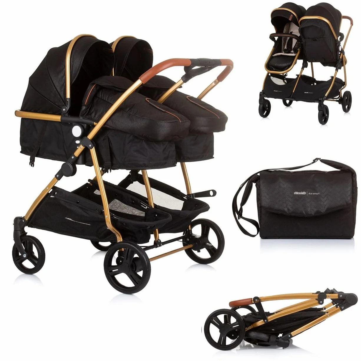Chipolino, passeggino per fratelli, New Twin Duo Smart, pieghevole, cestino, colorazione:nero