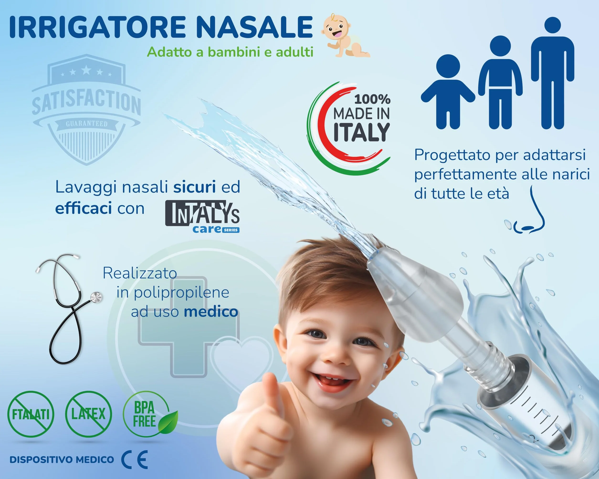 Rino Set Lavaggio Nasale Bambini e Adulti, Kit Pulizia Naso Made in Italy con Siringa e Irrigatore per Soluzione Fisiologica (1 Siringa, 3 Olive)
