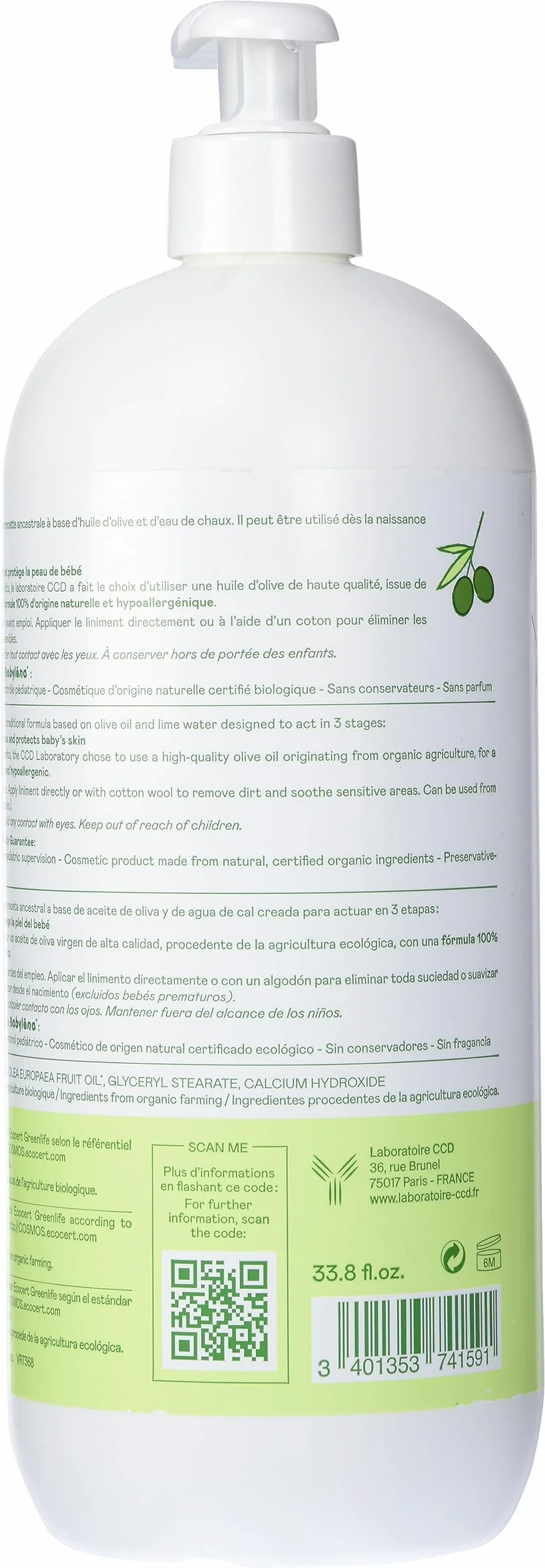 Babyléna BioLiniment Oleo-Calcaire Baby - 100% di origine naturale 1 L - Certificato Bio Senza Profumo, Liniment Made in France