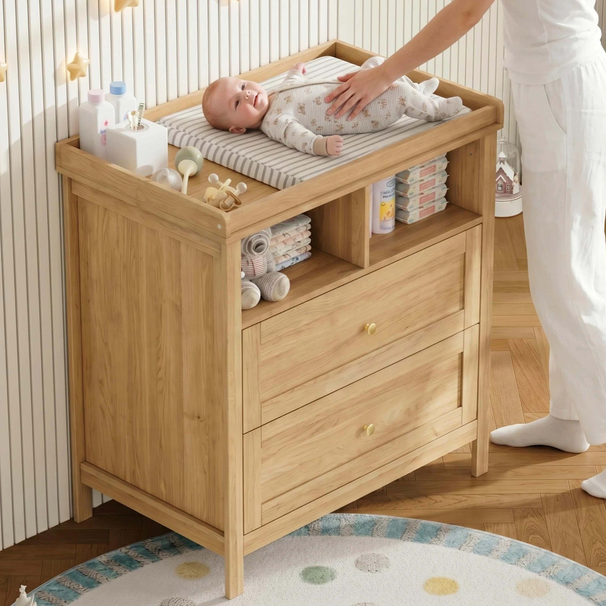 Merax Fasciatoio con fasciatoio multifunzione, fasciatoio per bambini con fasciatoio rimovibile, cassettiera con cassetti e spazio portaoggetti, fasciatoio convertibile, effetto legno, 82 x 50 x 90 cm