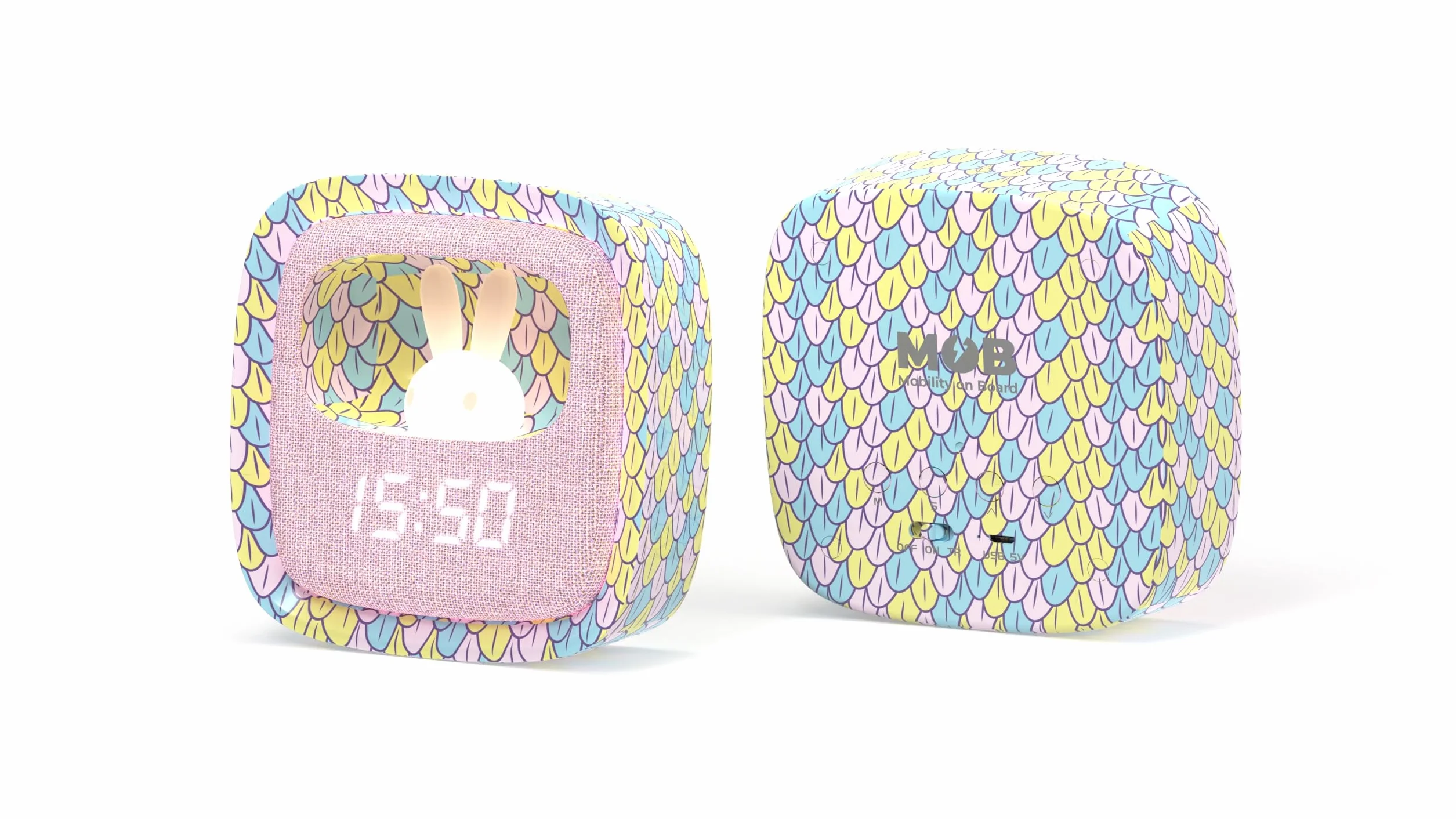 MOB – MOBILITY ON BOARD Billy Clock Sveglia e luce notturna per bambini Sirena arcobaleno - Motivo coniglio - Cornice in plastica morbida - Data, ora e 3 impostazioni di sveglia