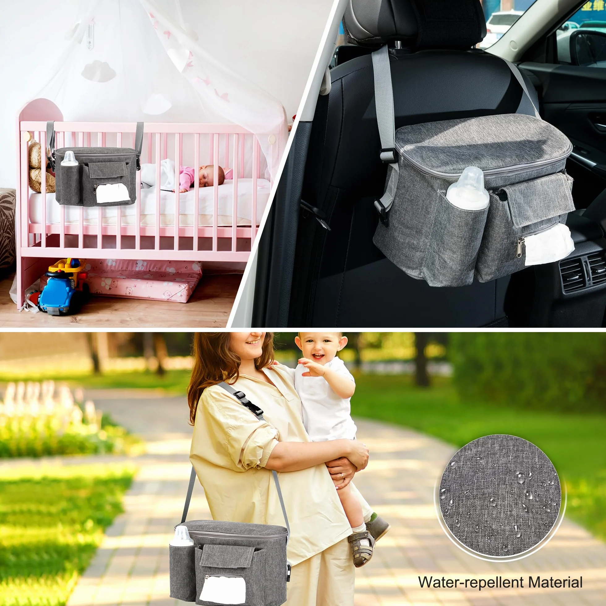 Borsa Organizer per Passeggino Universale con 3 Portabicchieri Borsa Neonato Passeggino con Spallacci Regolabili per Biberon Pannolini Salviette Giocattoli