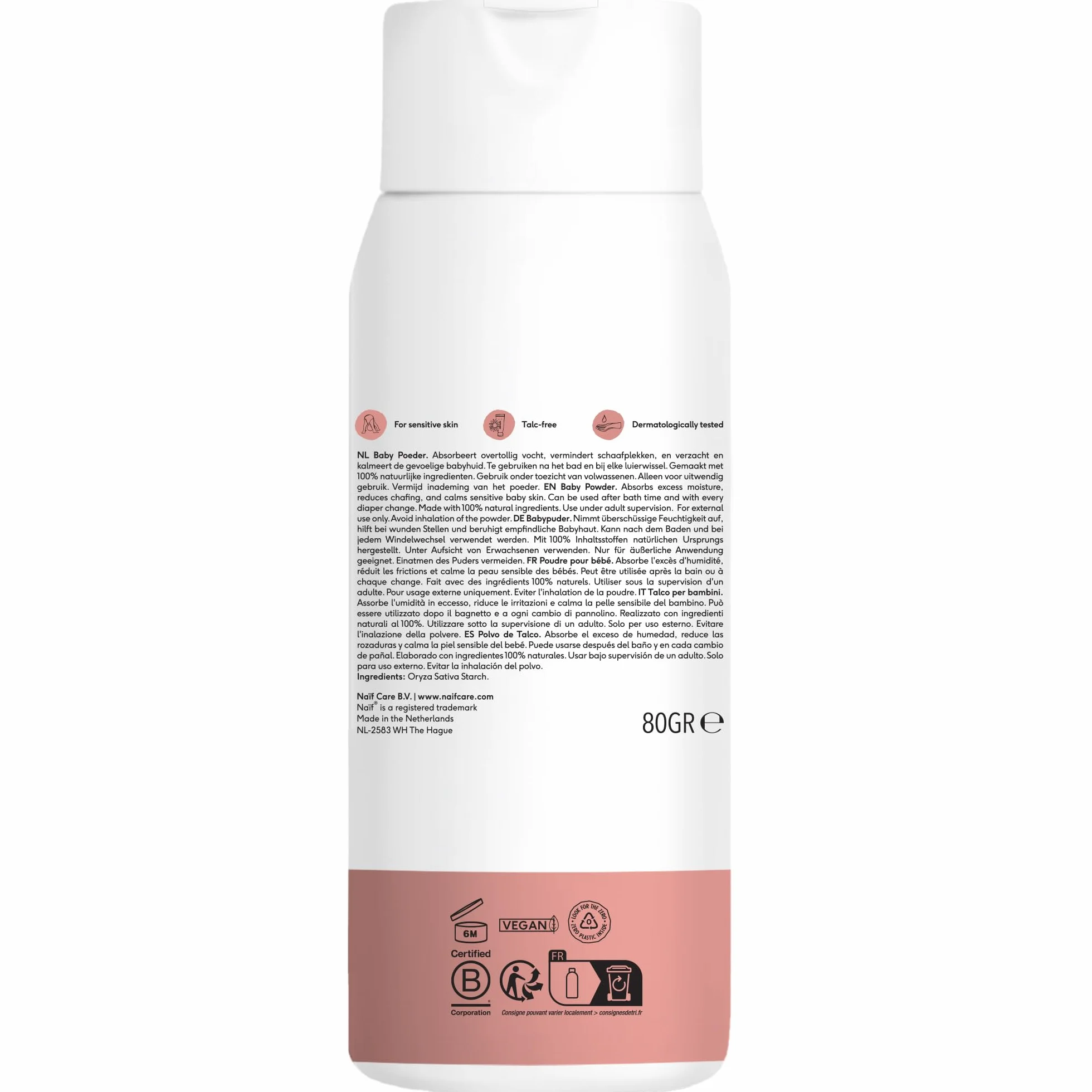 Naïf - Talco per bambini - 100% naturale a base di riso - Adatto ai neonati - 0% profumo - Dermatologicamente testato - Di origine naturale-80 g