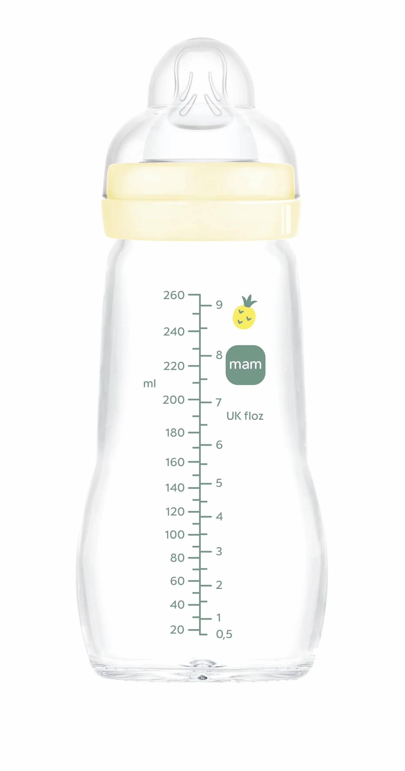 MAM Biberon Feel Good 260 ml, Biberon vetro pregiato resistente alle alte temperature, Accessori neonati ergonomici per uso quotidiano e allattamento misto con morbida tettarella misura 2, Neutro