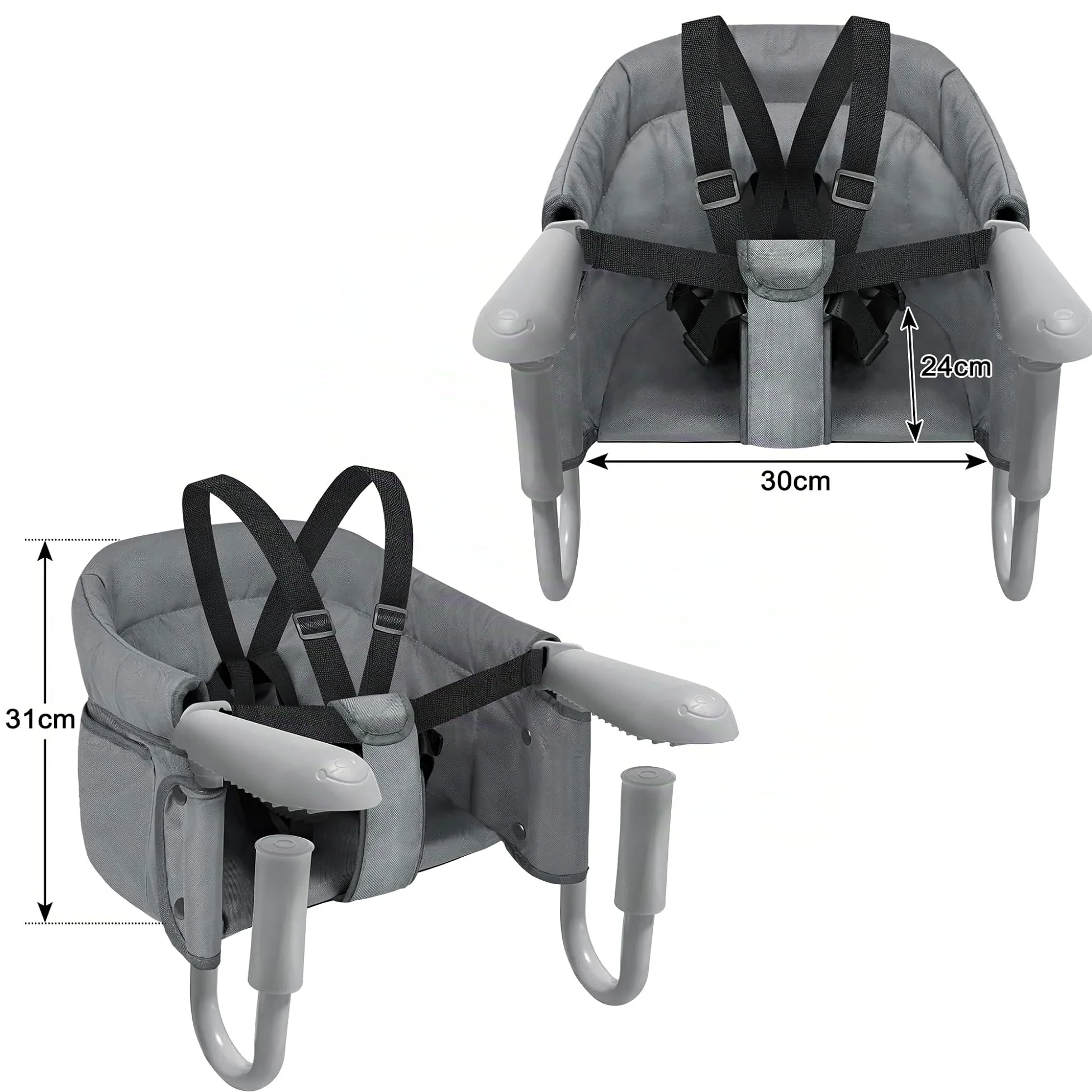Seggiolini da Tavolo Pieghevoli per Bambini con Cintura di Sicurezza a 3 Punti e Morsetti Antiscivolo Ergonomici Rialzi Sedia Fino a 15KG per la Sala da Pranzo, Casa e i Viaggi (Grigio)