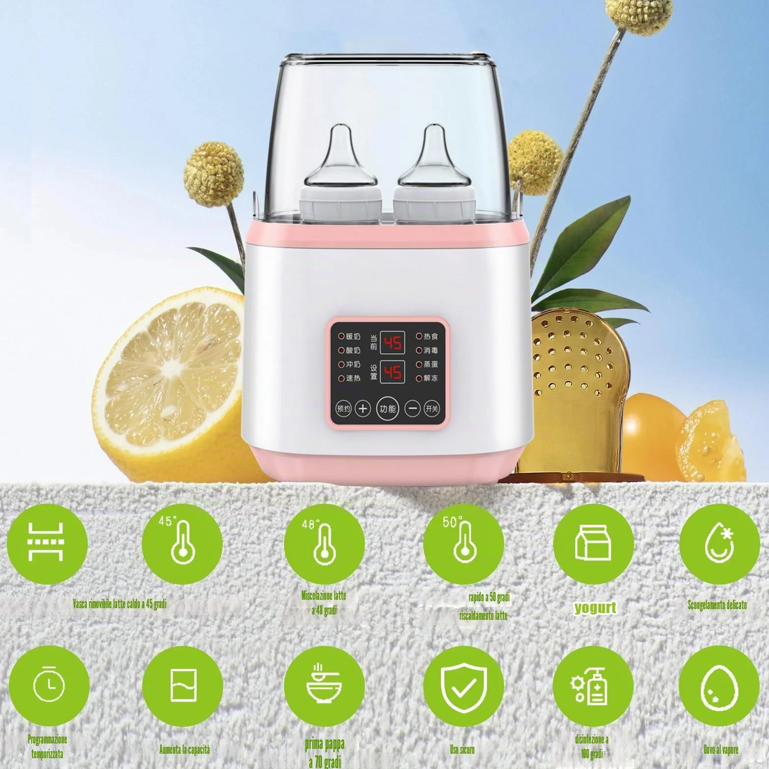8 in 1 scaldabiberon, sterilizzatore per biberon, scaldabiberon rapido per neonati, scaldabagno e sbrinamento con display LCD, senza BPA, rosa