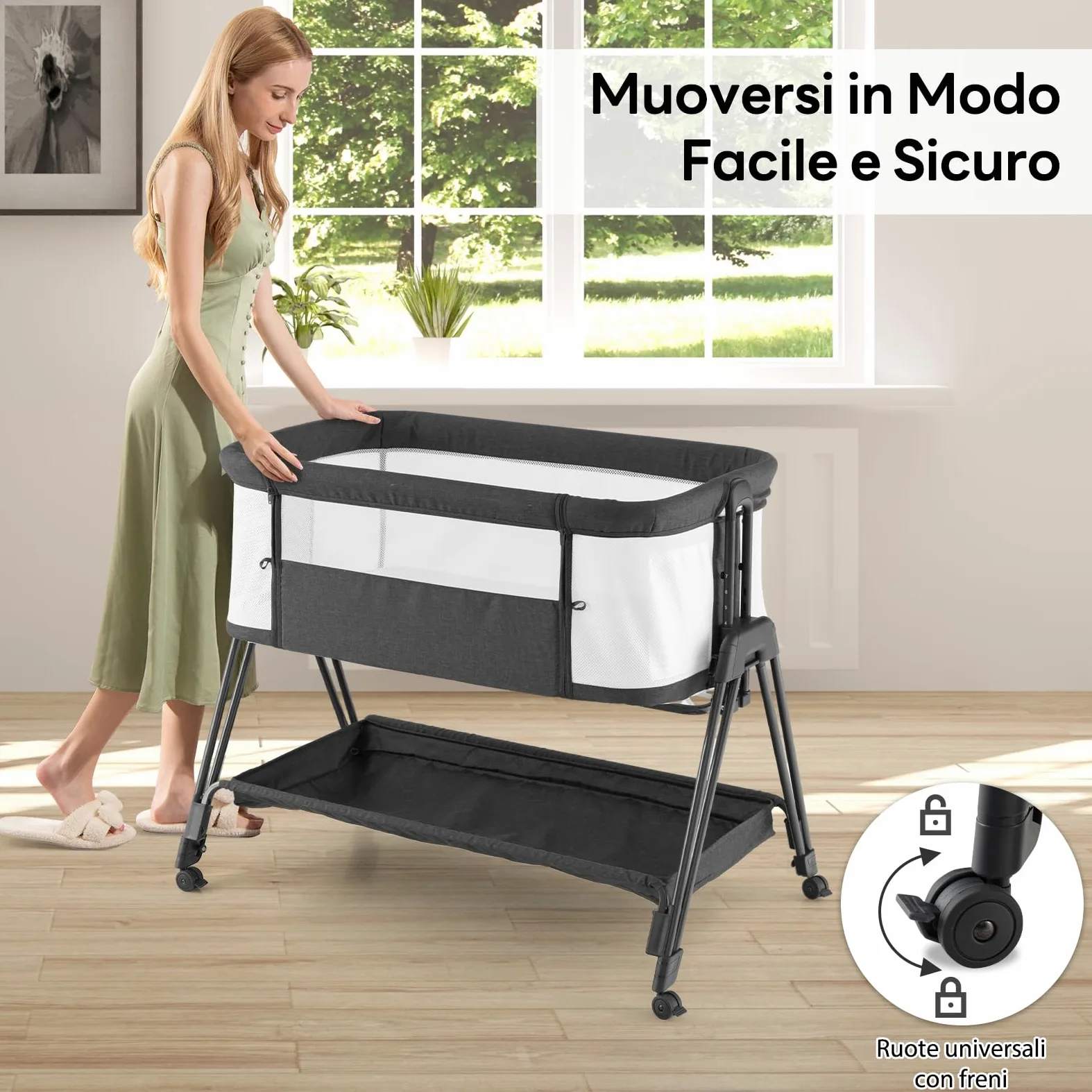 RELAX4LIFE Culla Neonato Fianco Letto, Culla da Campeggio con Materasso e Cinghia Fissaggio, Regolabile In Altezza 7 Posizioni, Borsa di Trasporto, per Bambini 0-6 Mesi (1, Nero)