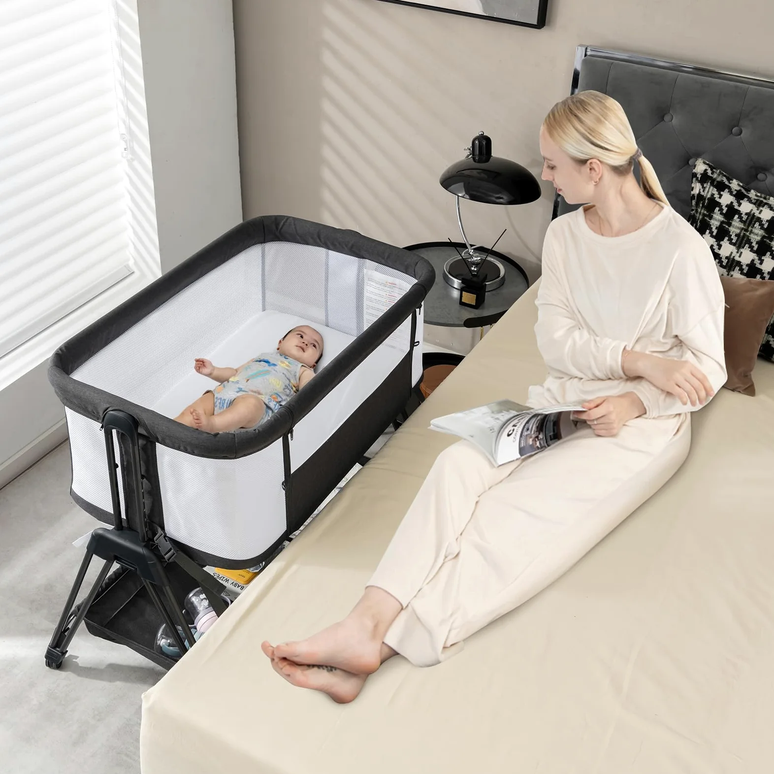 RELAX4LIFE Culla Neonato Fianco Letto, Culla da Campeggio con Materasso e Cinghia Fissaggio, Regolabile In Altezza 7 Posizioni, Borsa di Trasporto, per Bambini 0-6 Mesi (1, Nero)