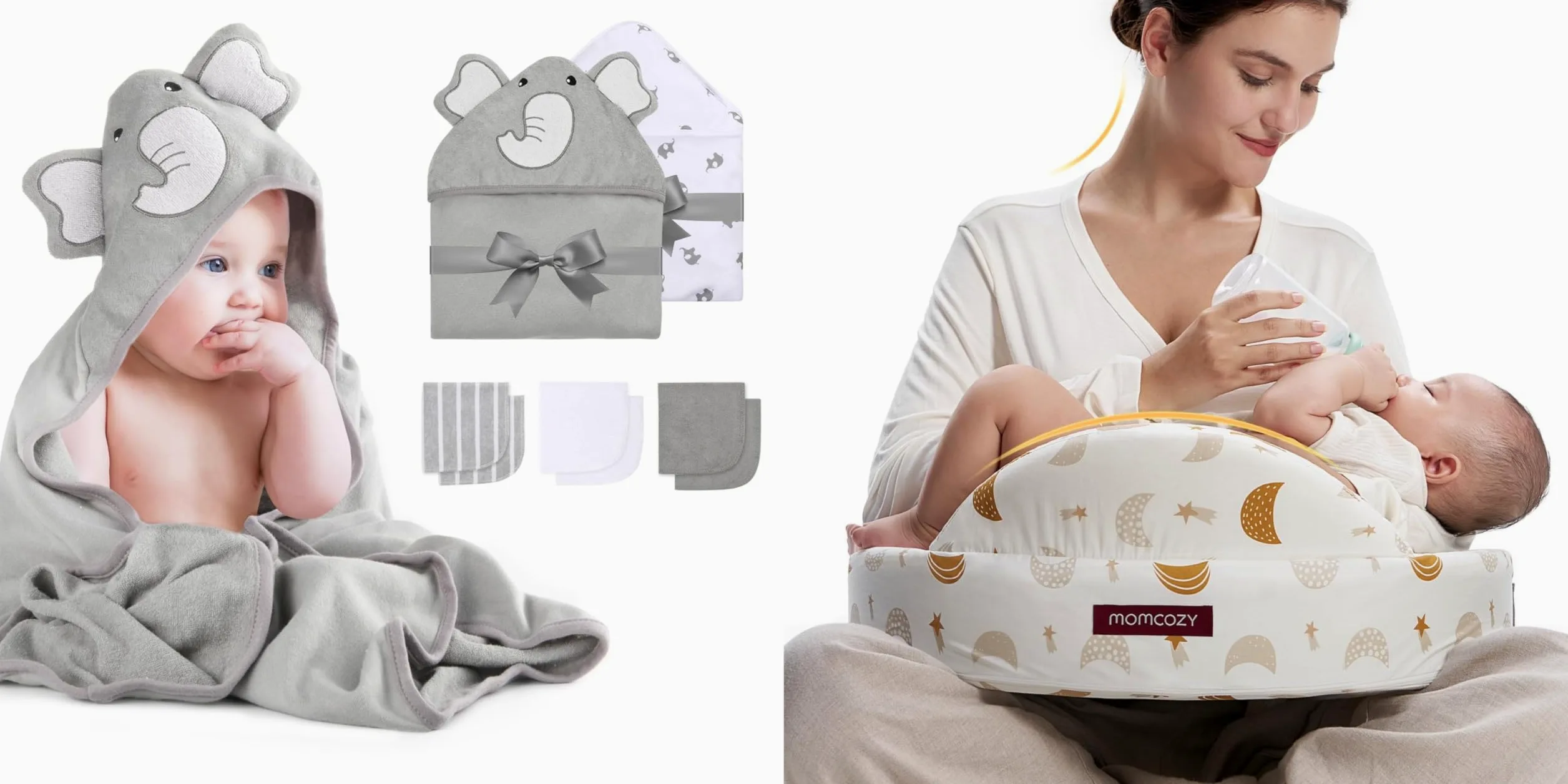 momcozy Set Asciugamani per Bambini 8 pz con Cappuccio, 2 Accappatoi Neonato 76x76 cm + 6 Quadrati Cotone 24x24 cm, Morbido e Super Assorbente, Cuscino per Allattamento con Sponde di Sicurezza, Memory