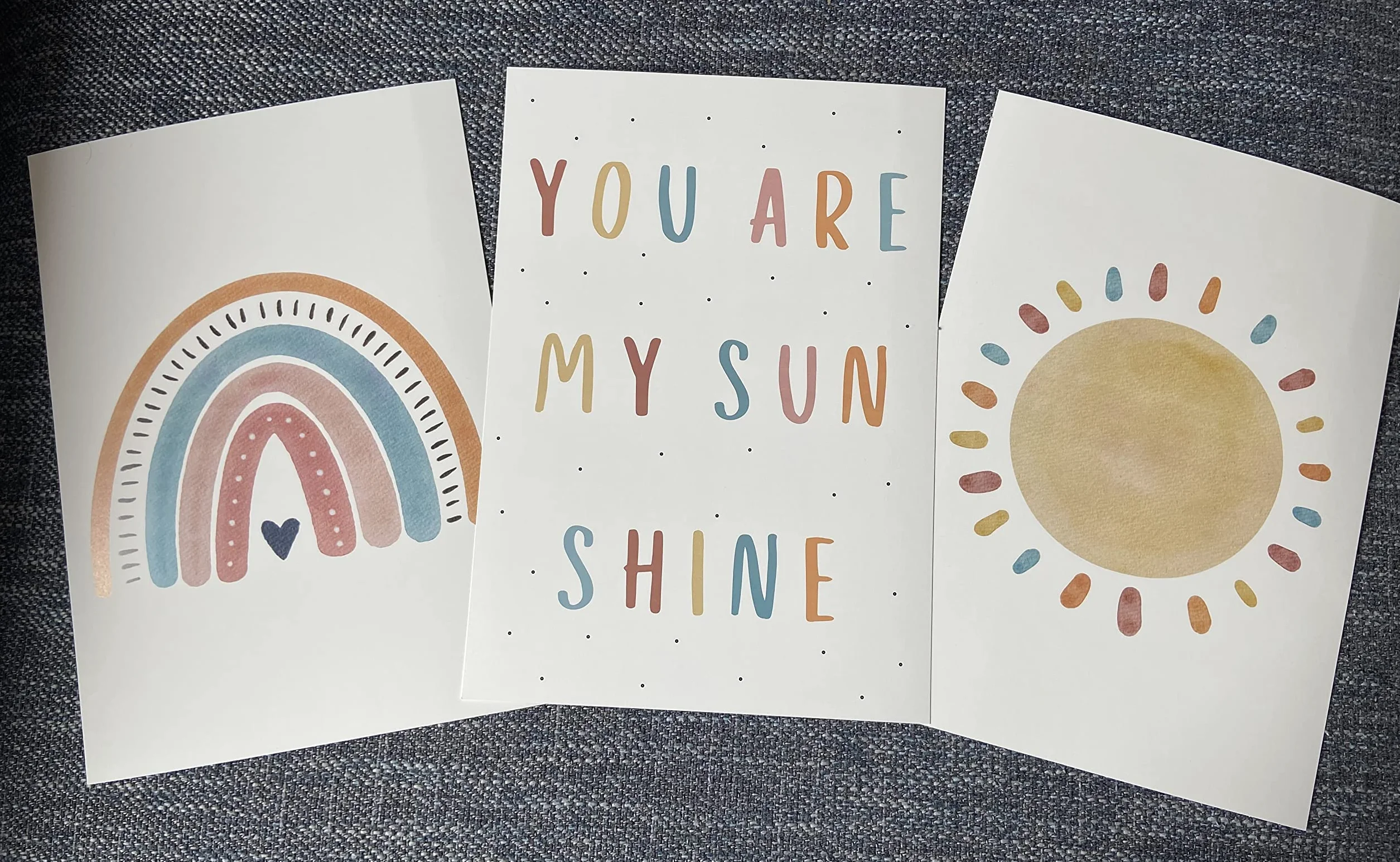 Eviepops Prints Quadri Cameretta Bambini “You Are My Sunshine” Set di 3 Stampe Boho Arcobaleno e Sole Senza Cornice, Decorazione Parete (A3)