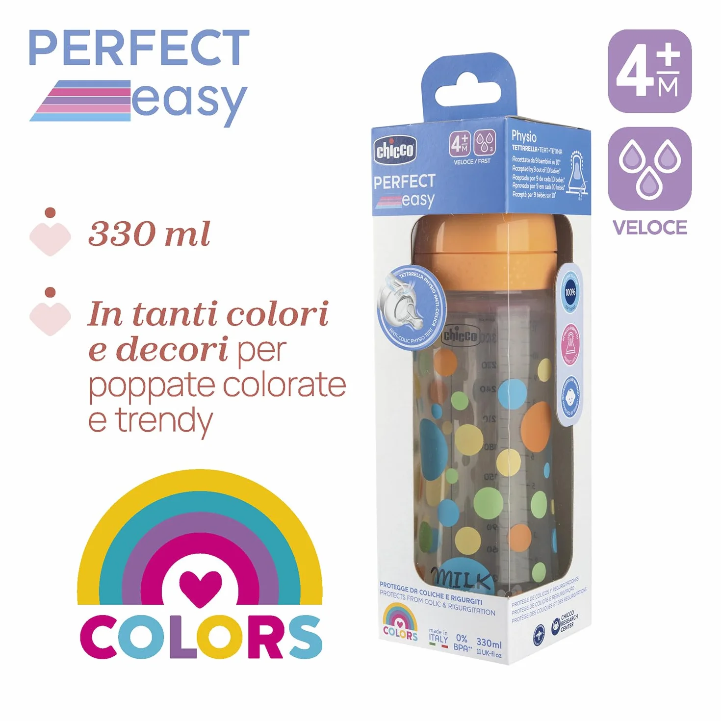 Chicco Set 2 Biberon Perfect Easy Flusso Veloce, Bibern Anticolica, Riduce Rigurgito e Irritabilità, Bottiglia in Plastica da 330ml, Set Regalo, Confezione Risparmio, 4 Mesi+, Bambino
