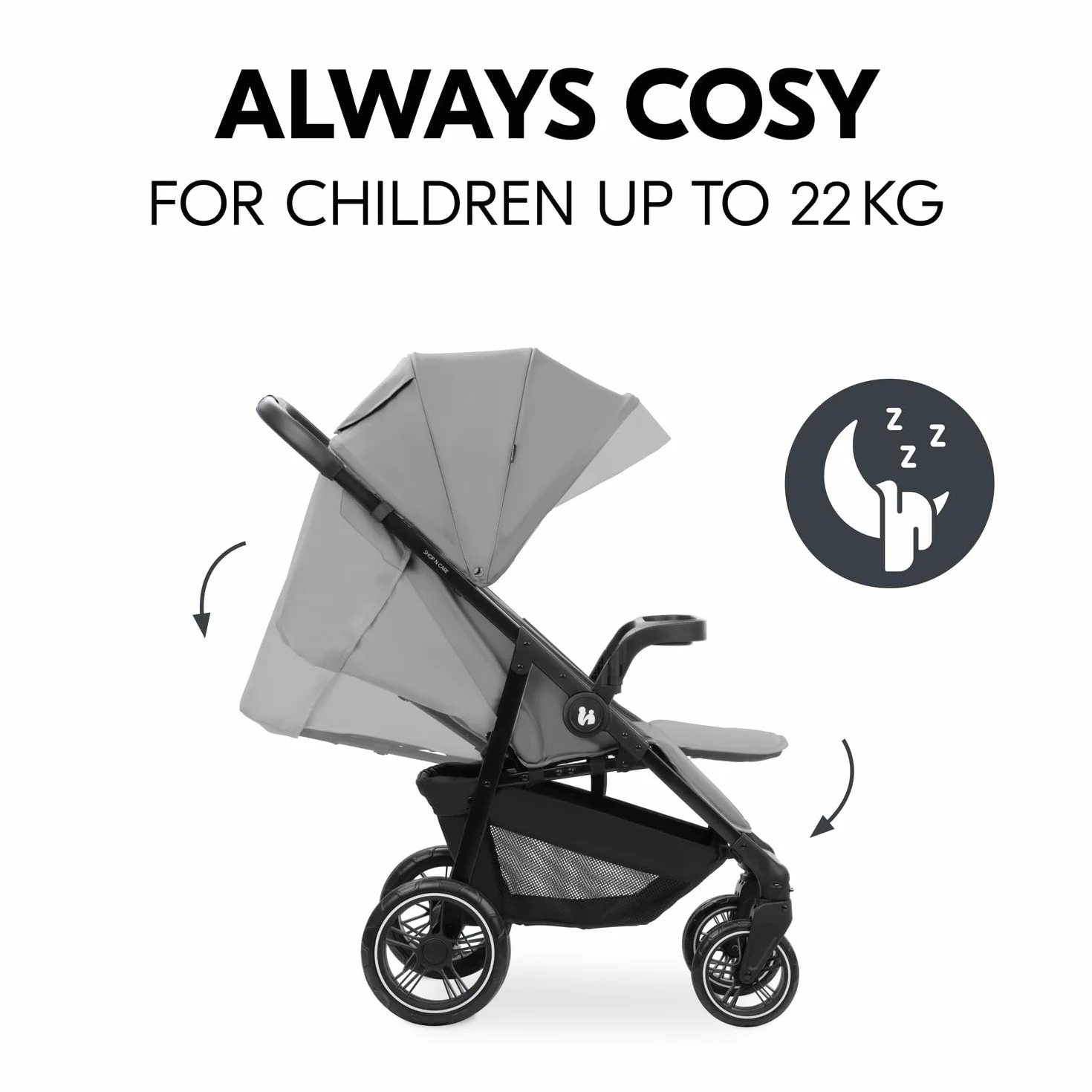 hauck Shop N Care - Passeggino leggero (solo 8,5 kg) con vassoio per snack, portabicchieri e parapioggia, compatto e pieghevole con una mano, completamente reclinabile dalla nascita fino a 22 kg,