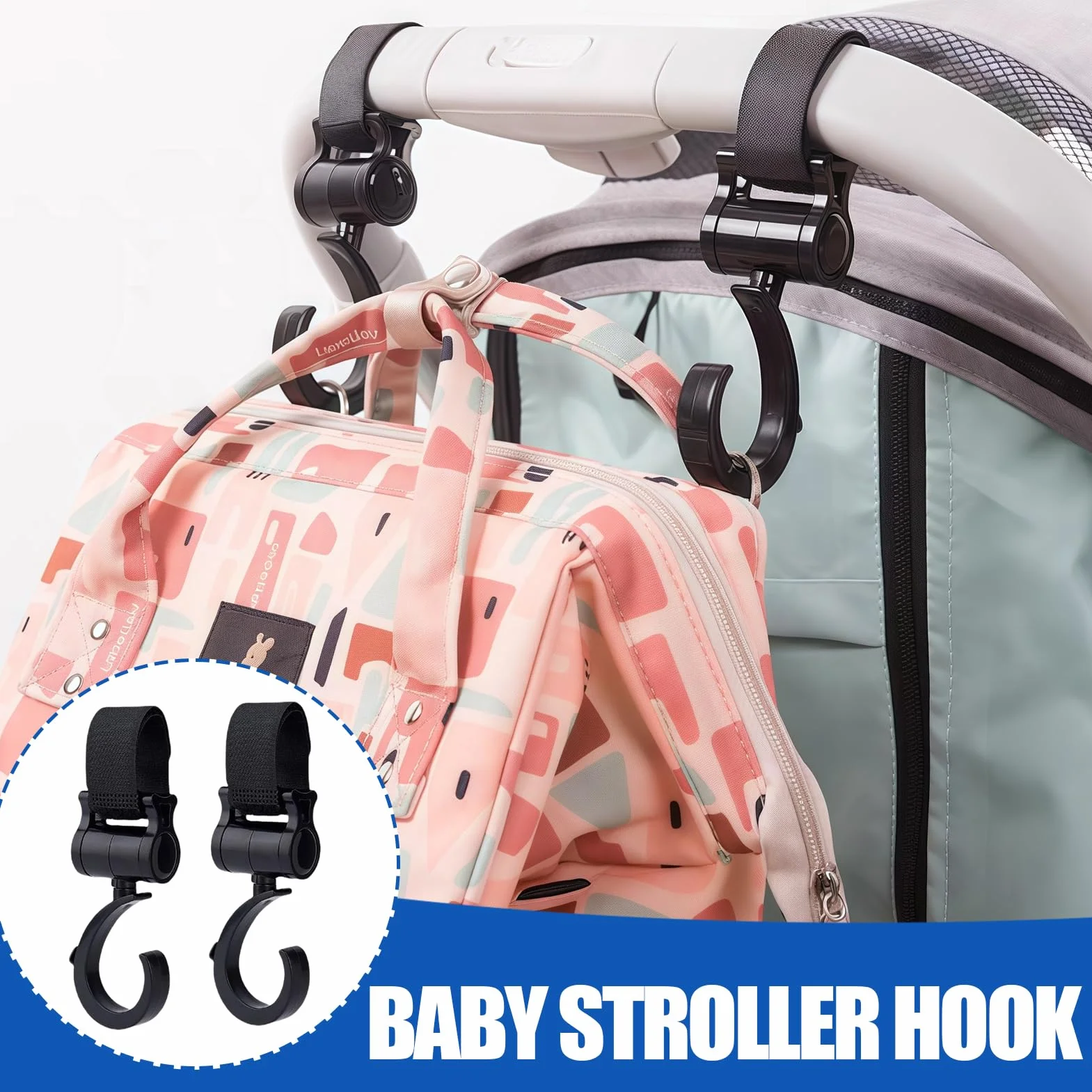Set di 4 Pezzi, Ganci Passeggino, Universali Rotanti, Ganci Multifunzionali per Passeggini, Carrelli e Trolley, Nero, Facili da Installare, Resistenti e Adattabili