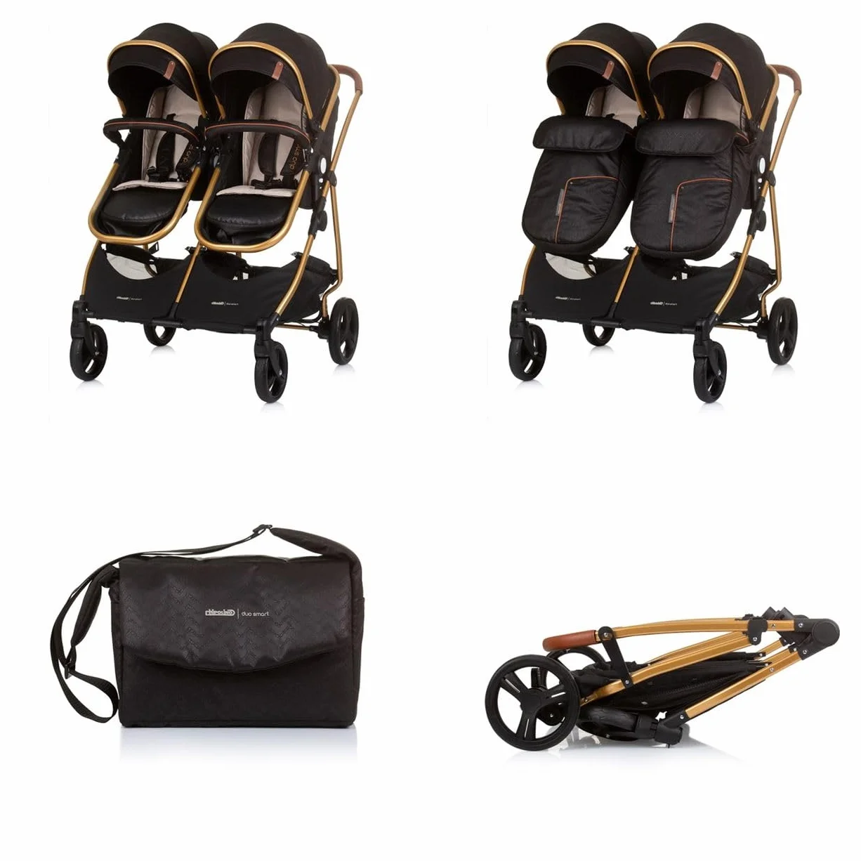 Chipolino, passeggino per fratelli, New Twin Duo Smart, pieghevole, cestino, colorazione:nero