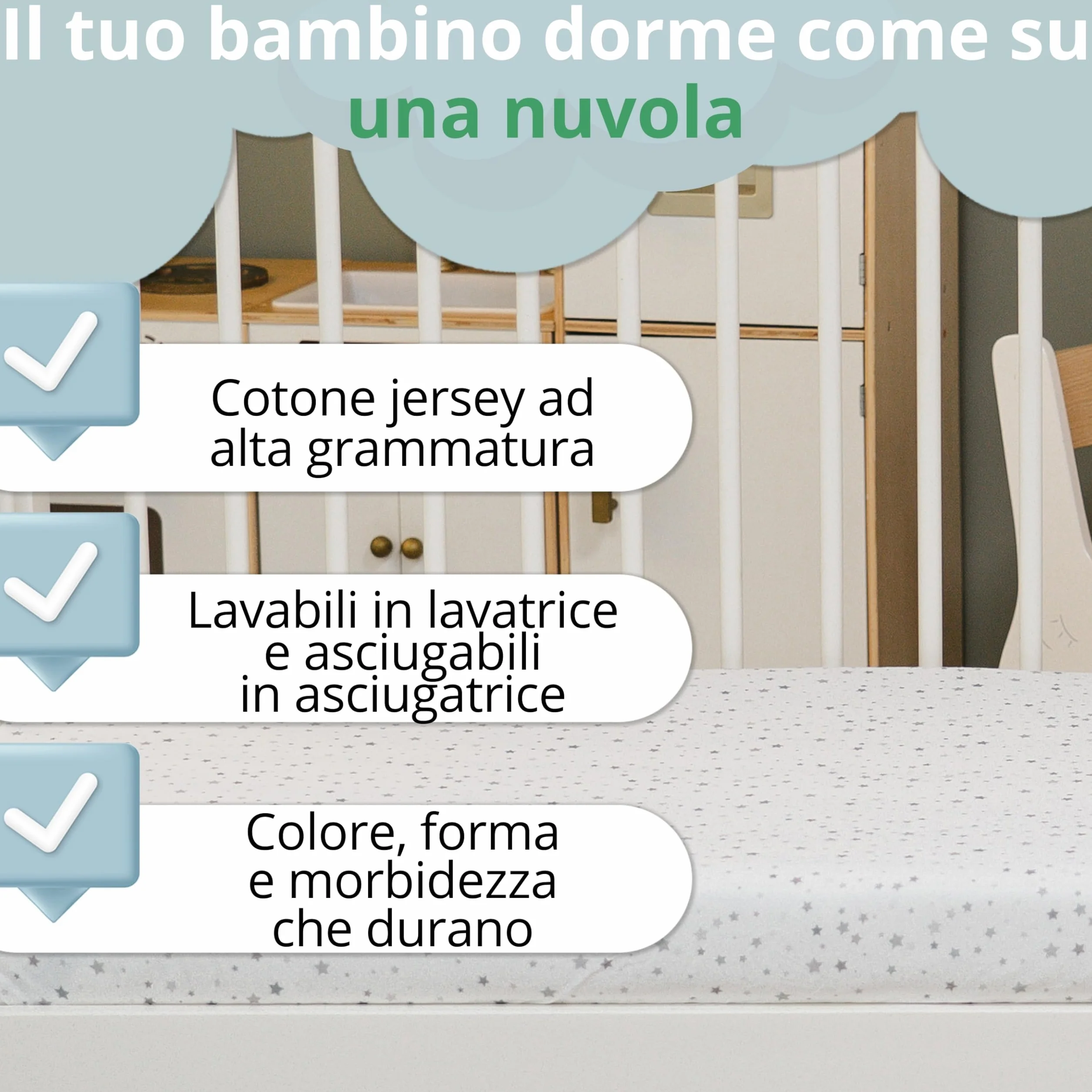 Set Lenzuola Lettino Neonato 60x120 / 60x125. 2 Lenzuola con Angoli in Cotone Jersey + 1 Coprimaterasso Impermeabile in Spugna. Certificato OekoTex. Fantasia Stelle 125x60 / 120x60