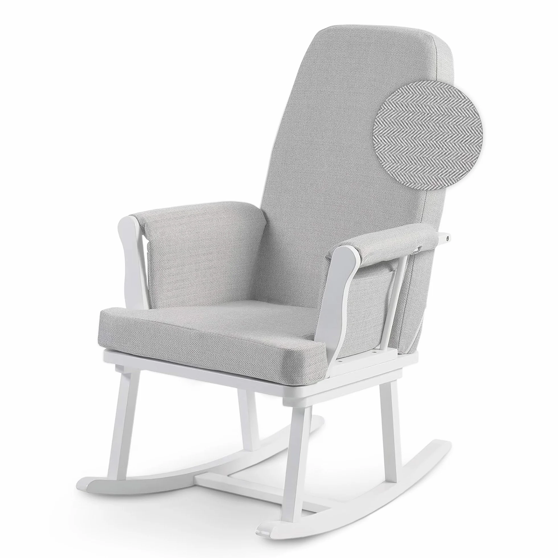 KUB Haldon - Sedia a dondolo compatta per allattamento, design salvaspazio, perfetta per piccoli asili, morbido tessuto effetto lino, tasche portaoggetti, certificazione di sicurezza (zigzag bianco e