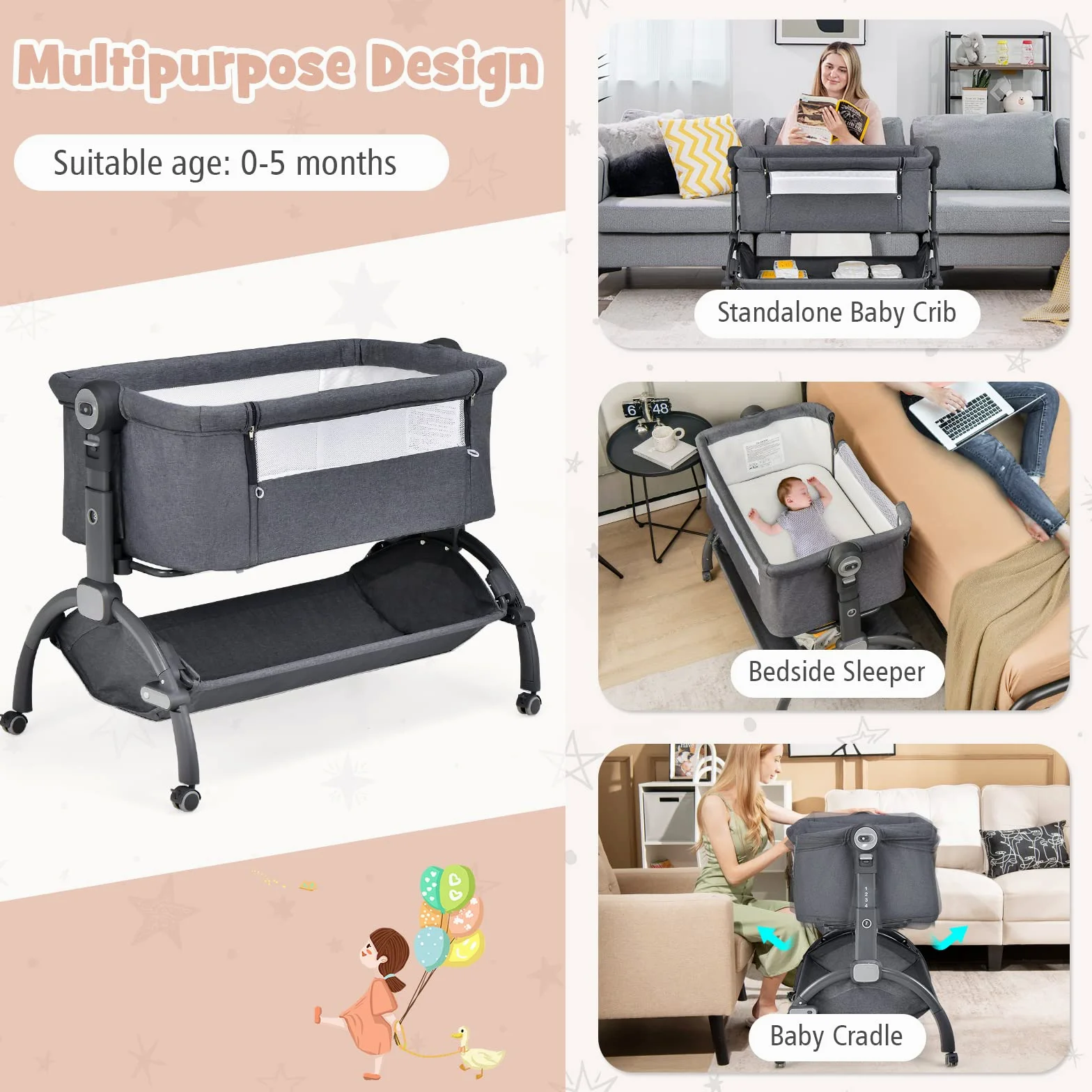 RELAX4LIFE Culla Neonato Fianco Letto, con Materasso, Zanzariera Cinghia Fissaggio, Regolabile In Altezza 7 Posizioni, Borsa di Trasporto, per Bambini 0-6 Mesi fino a 9kg (Grigio1)