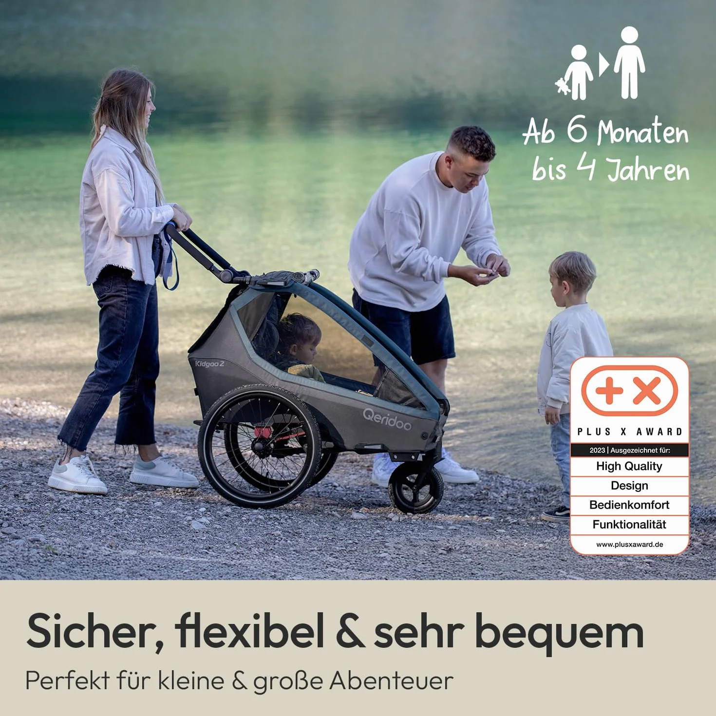 Qeridoo Rimorchio per bicicletta Kidgoo 2 blu navy con sistema di cinture a 5 punti e Easy ARS, pieghevole, con ruota girevole a 360 gradi e protezioni per la testa brevettate, per 2 bambini!
