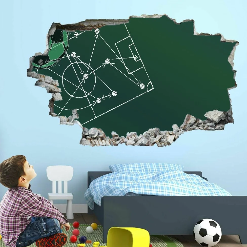 Decalcomanie Da Muro Art Wall Tattoo 3D Fracassato Campo Da Calcio Muro Della Stanza Dell'Autoadesivo Smontabile Della Parete Gli Sport Per Bambini Con Tatuaggio Adesivo Murale Bedroom Decor