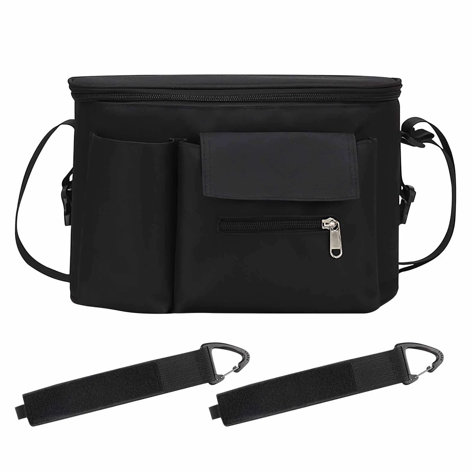 BouGPeng Borsa Organizer per Passeggino con Cerniera e Tracolla e Portabicchieri Universale Portaoggetti da Appendere Passeggino Impermeabile Nero Organizzatore per Passeggino Bambini