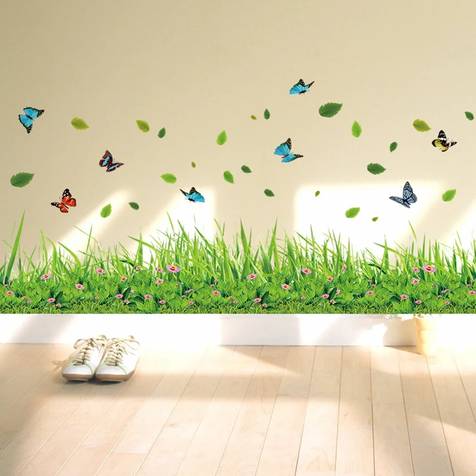 Verde Erba Fiori Farfalle Adesivi Murali, Camera da Letto Soggiorno Baseboard Adesivi da Parete Removibili Stickers Murali Decorazione Murale
