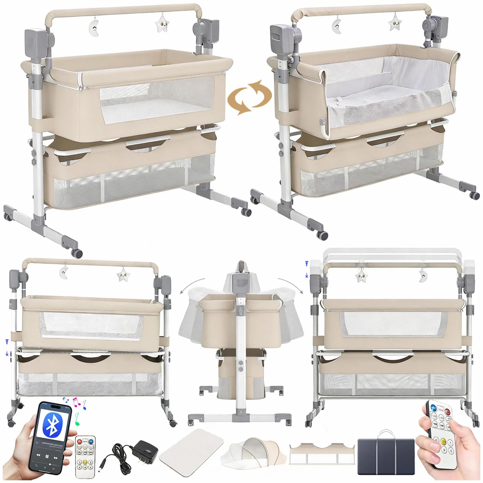 Magic ZC Elettrico Bluetooth Intelligente Culla Neonato Next to me, Convertibile Culla Co-sleeping, Telecomando e 5 Ingranaggi Oscillanti, Pieghevole Neonato Fianco Letto con Musica (601 Beige)