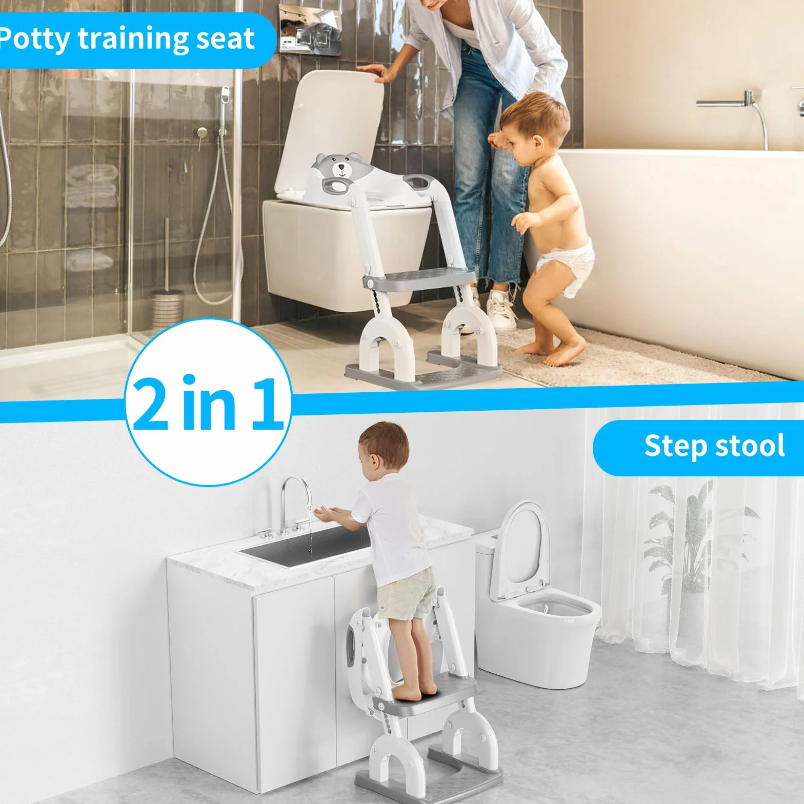 Sedile WC per bambini con scale, accessorio per WC aggiornato, per bambini e bambine, 2 in 1, con scale, regolabile in altezza, comodi sedili per WC sicuri, poggiapiedi per bambini