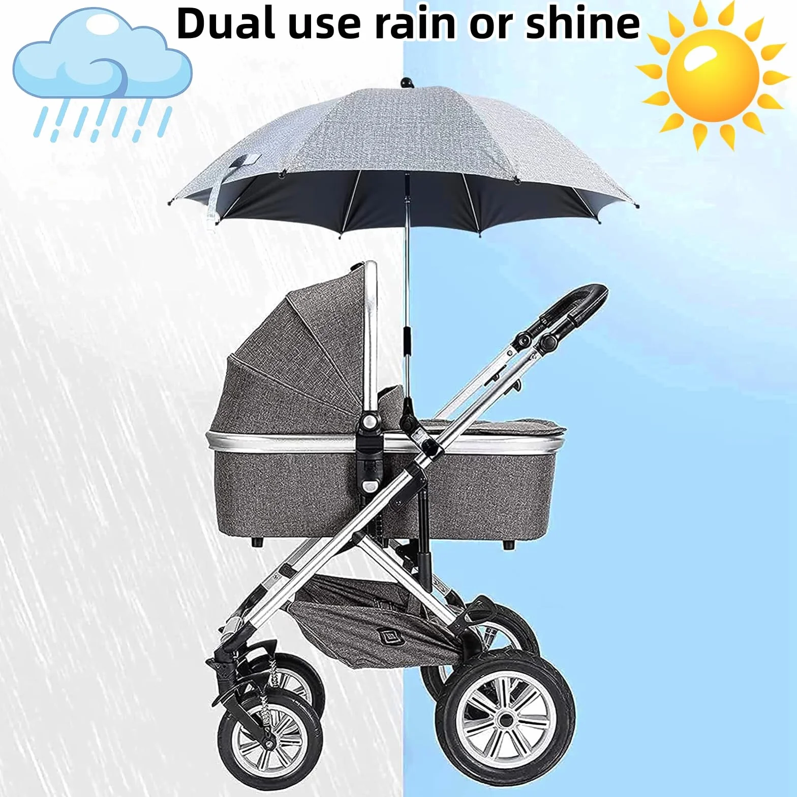 Ombrellino Parasole Passeggino, Ombrellino Passeggino Universale Anti UV 50+, Ombrello Parasole Passeggino con Un Manico, Ombrellone per Passeggino per Carrozzina e Passeggino, Grigio