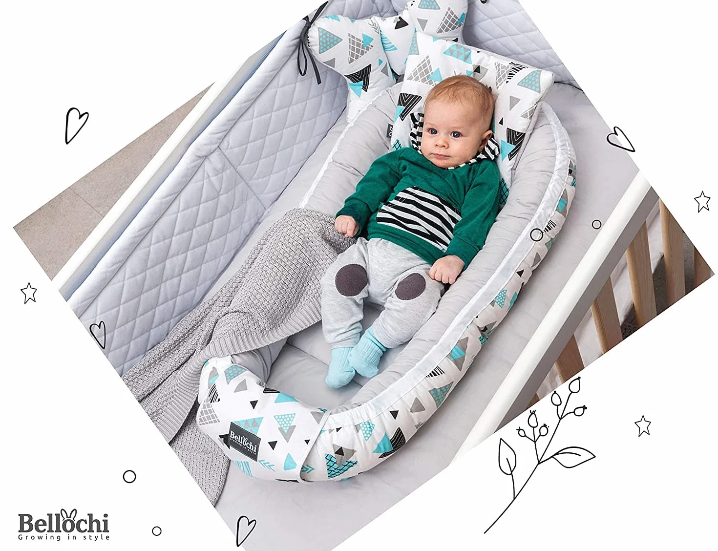 Bellochi Riduttore Lettino per Neonato, Riduttore per Culla - Antisoffoco, Cotone e Velluto - Cuscino Riduttore, Cocoon a Baby, Baby Nest - 90 x 60 cm (Lux)